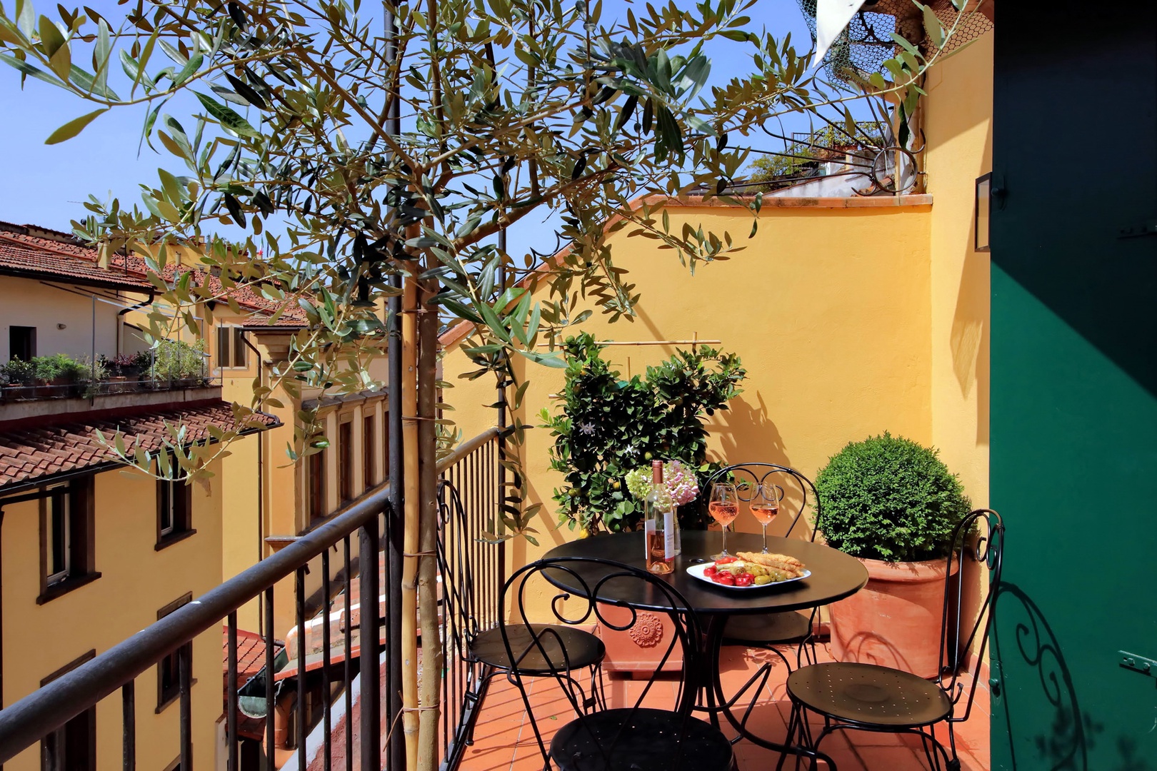 An awning covering the terrace makes the terrace especially inviting on sunny summer days