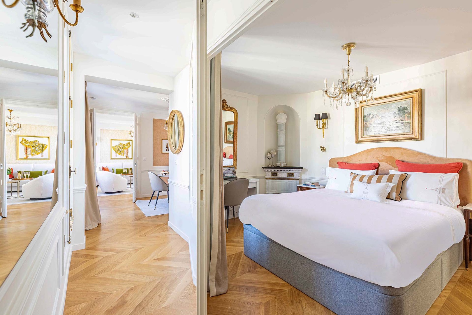 Bedroom 1 is spacious with glass-paned doors offering privacy.