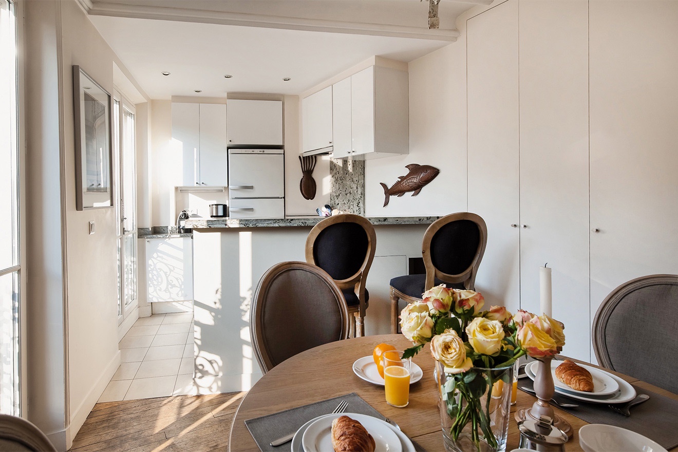 Meals are easy to prepare in the open-plan kitchen and dining area.