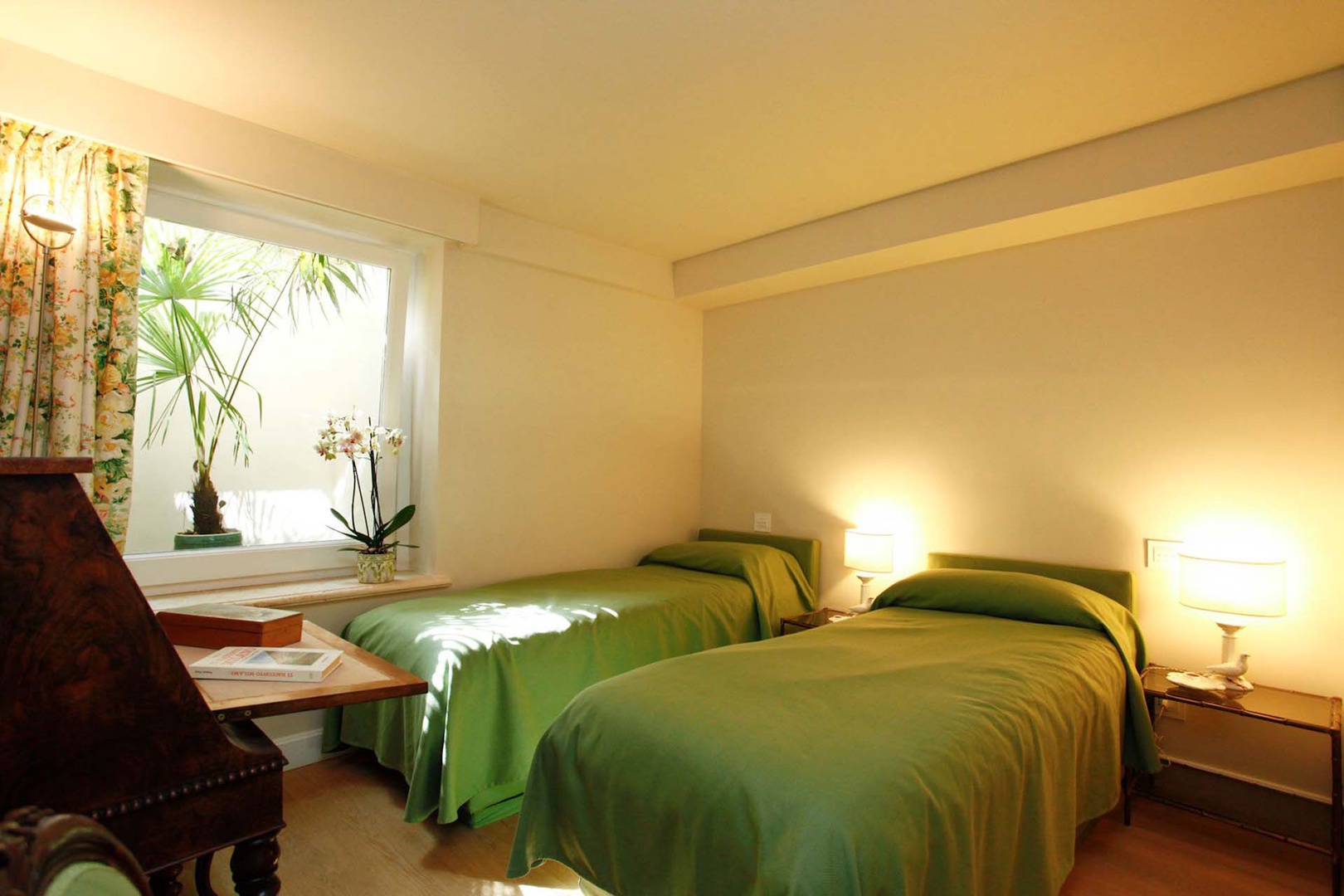Lower level bedroom with two beds.