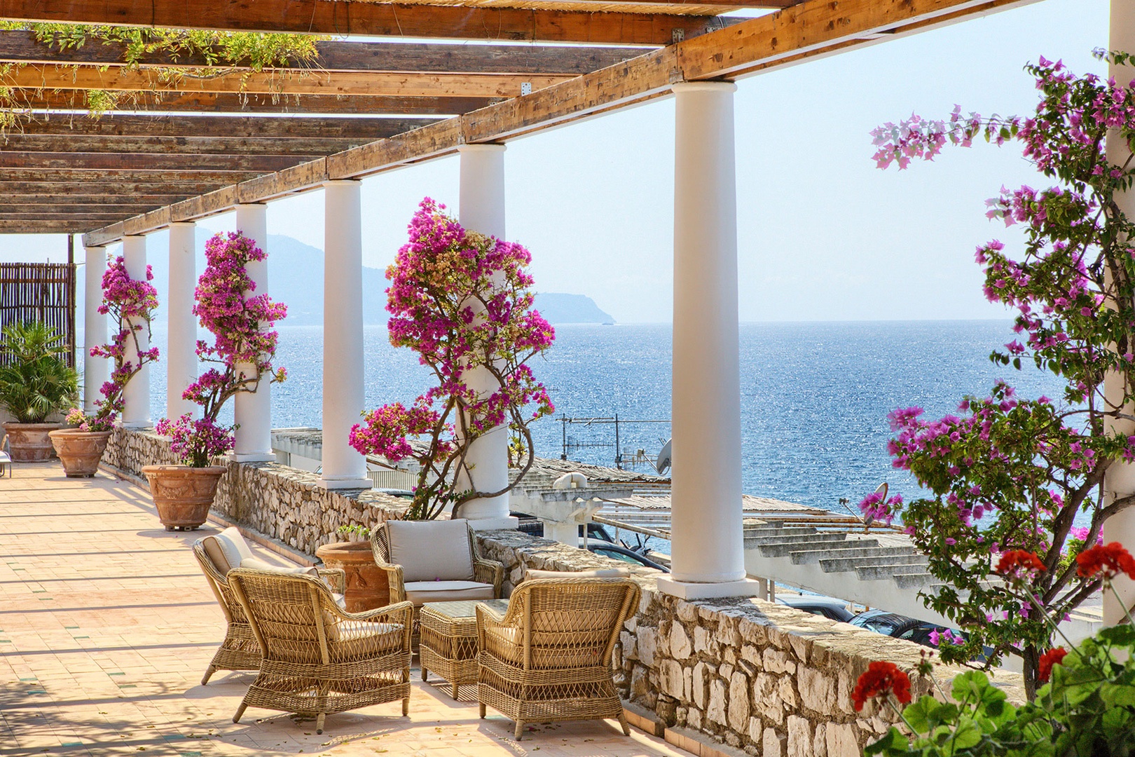 The large terrace of Villa Mare overlooks the beautiful Mediterranean sea.