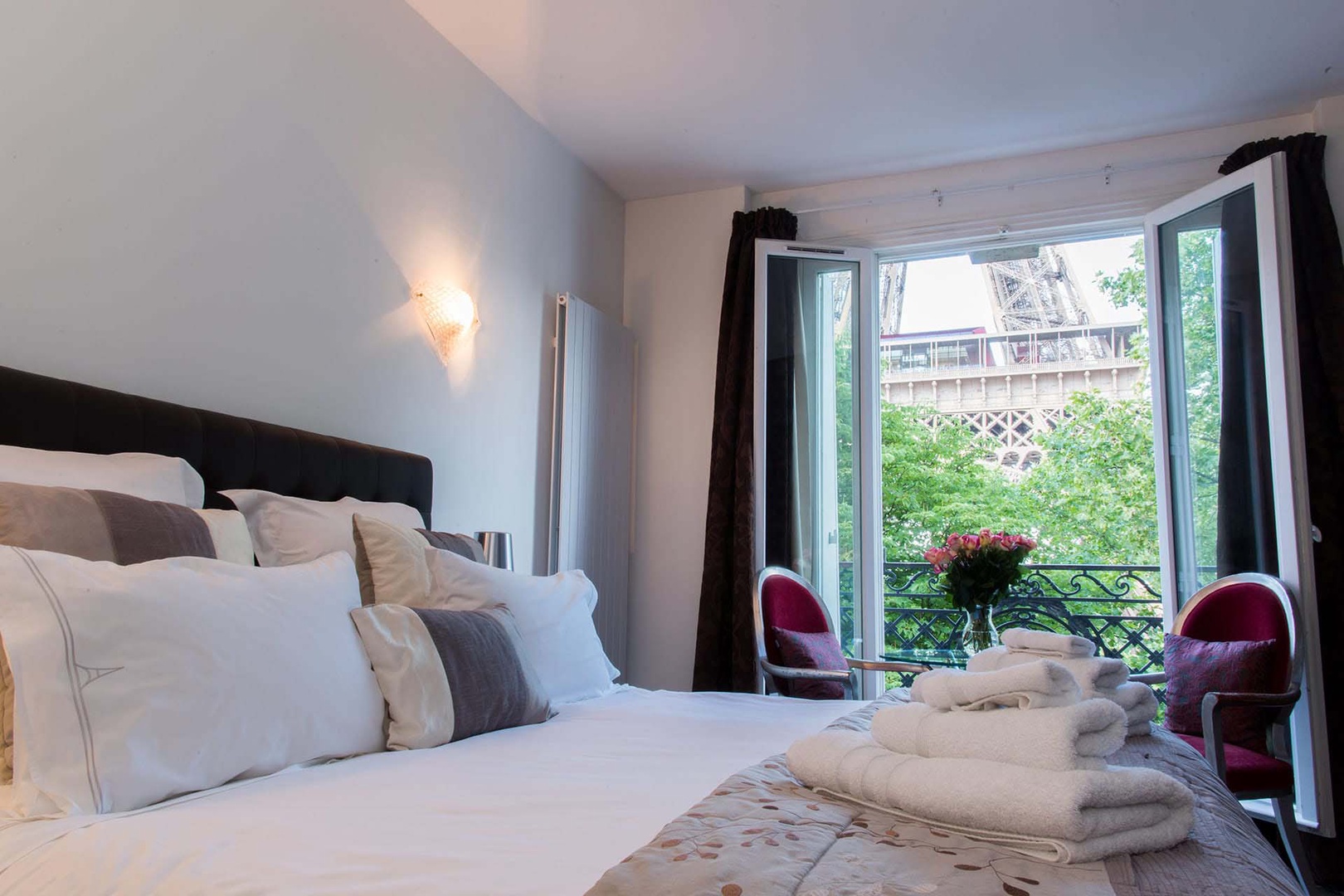 Bedroom 1 has a breathtaking view of the Eiffel Tower.