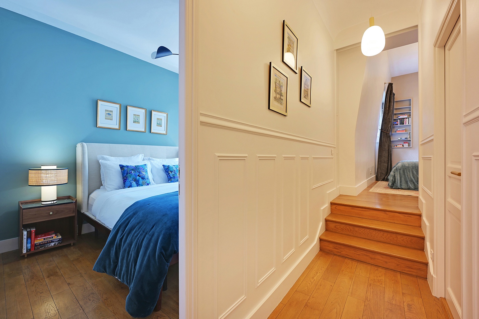 Three steps in the hallway lead up to bedroom 3 on right.