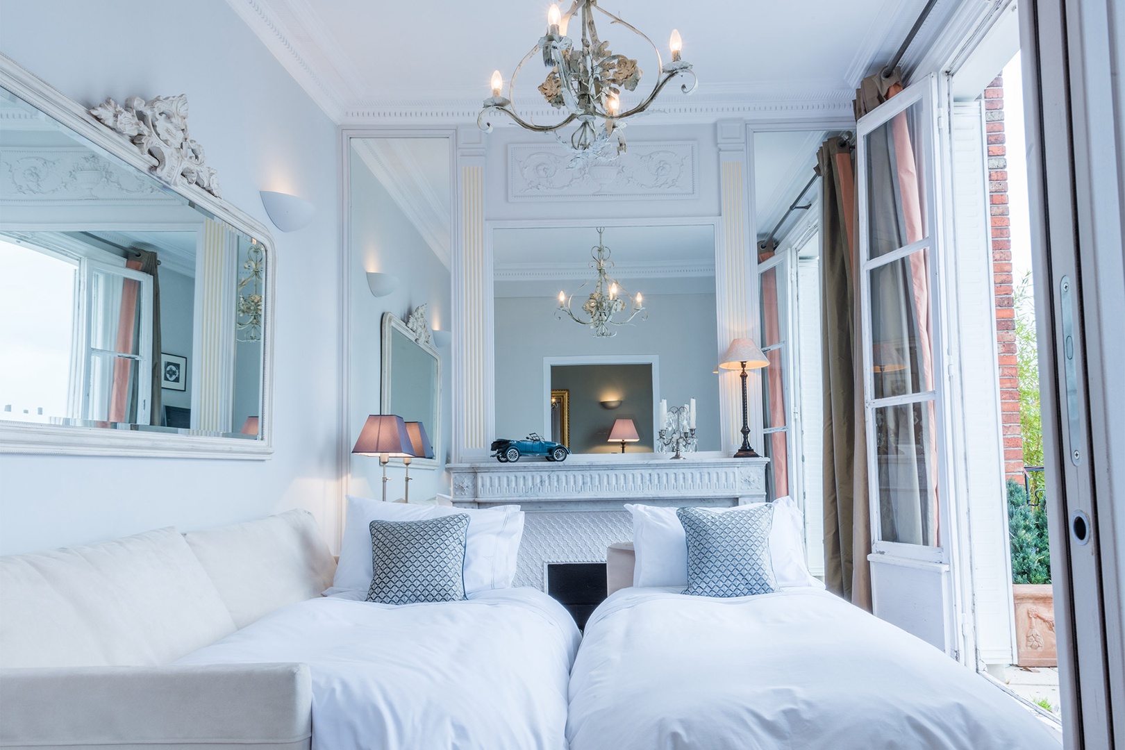 The high-quality sofa in the den converts into two beds.