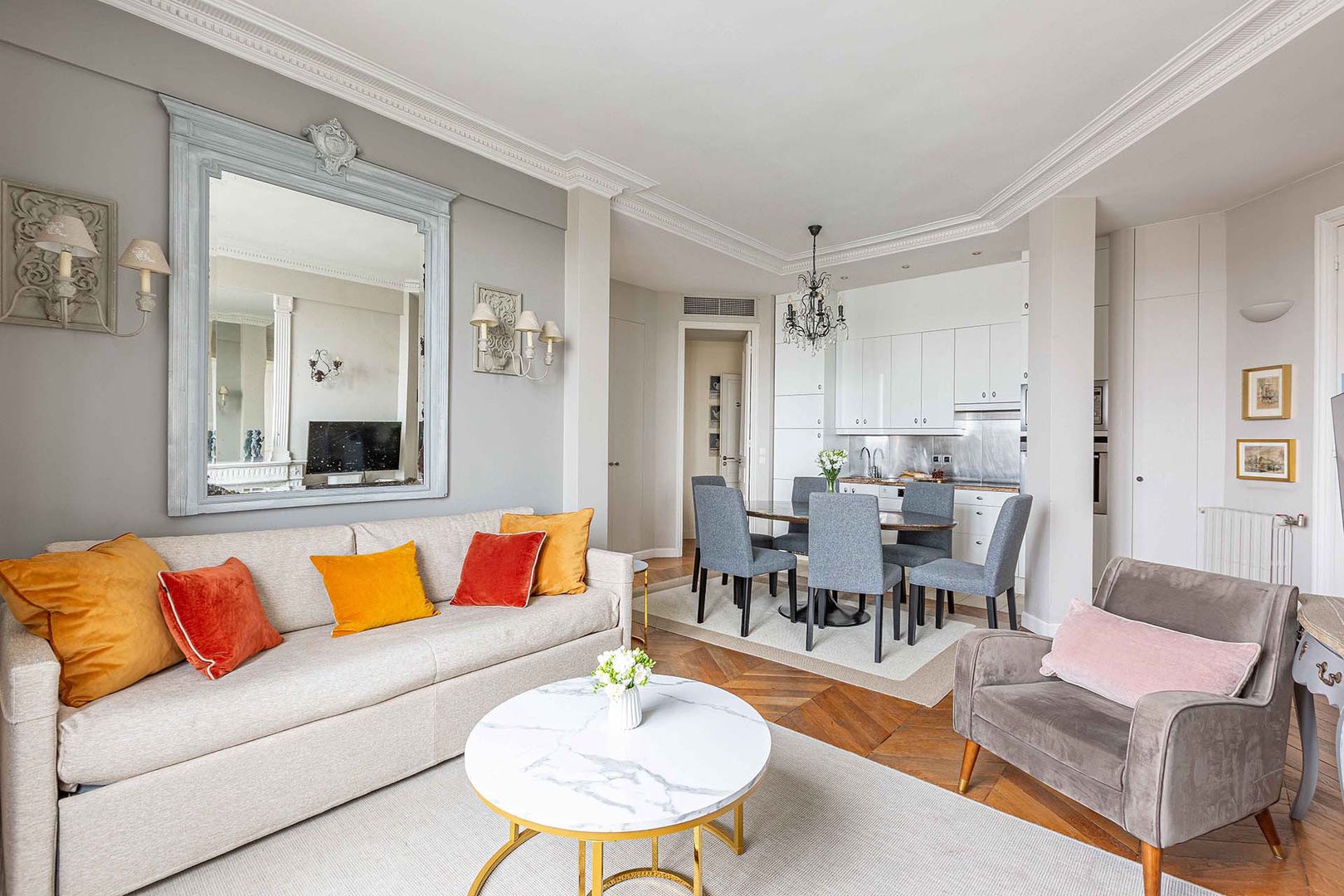 The open-plan living and dining area is perfect for families.