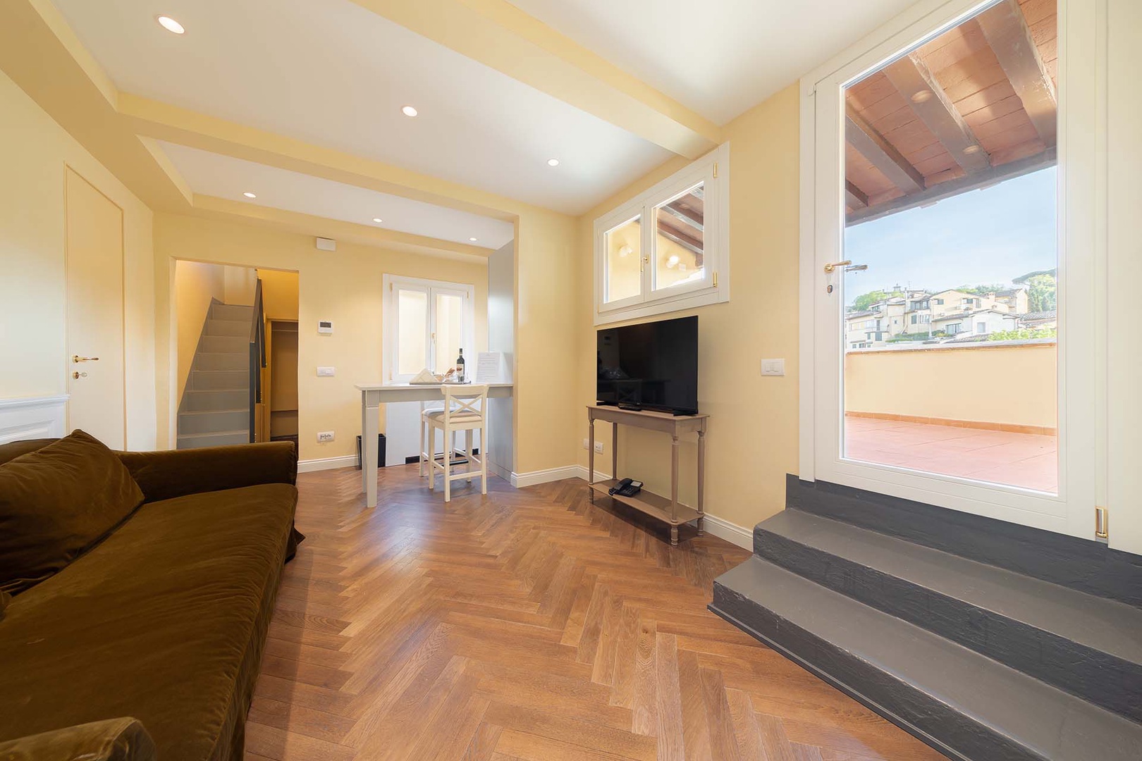 On the left are the steps up to the bedroom.