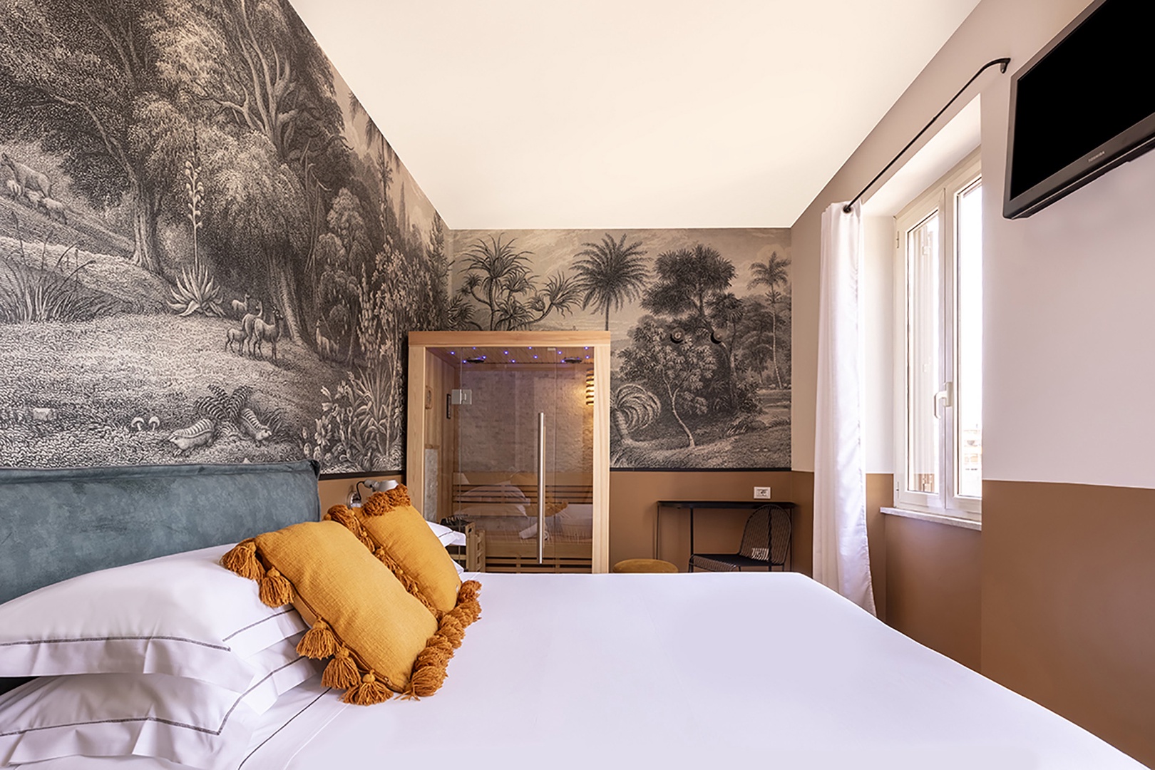 Gorgeous landscape wallpaper and private sauna in bedroom 1.