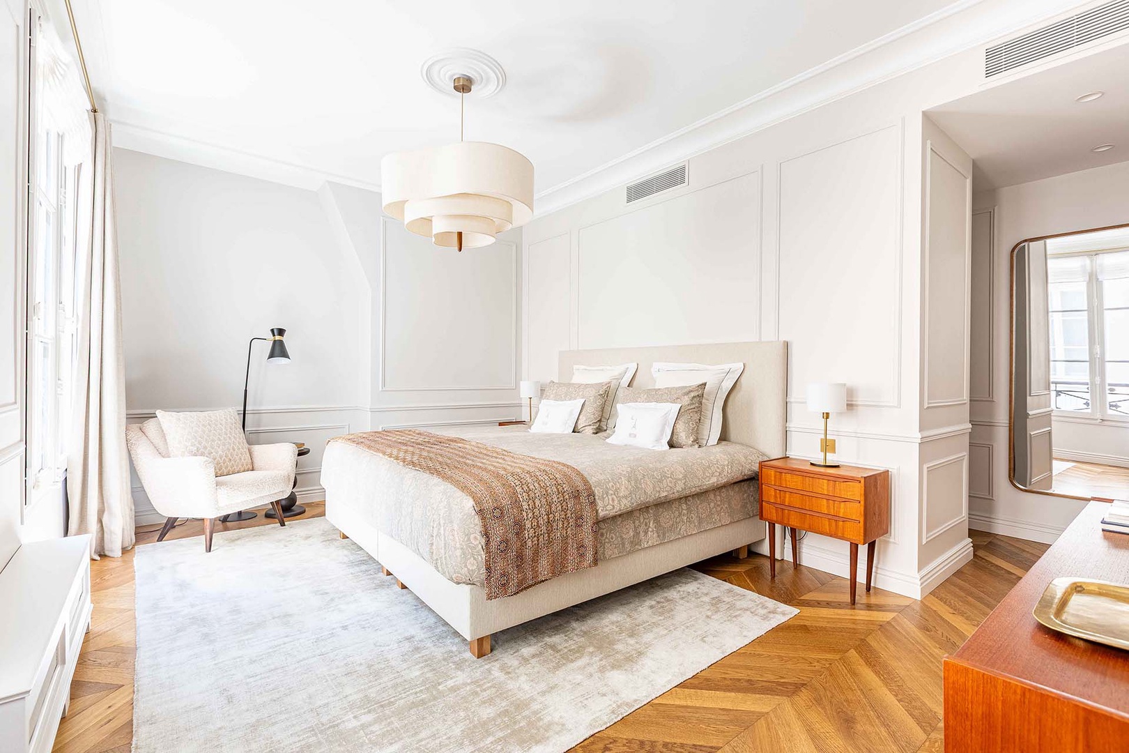 Contemporary design elements and serene tones.