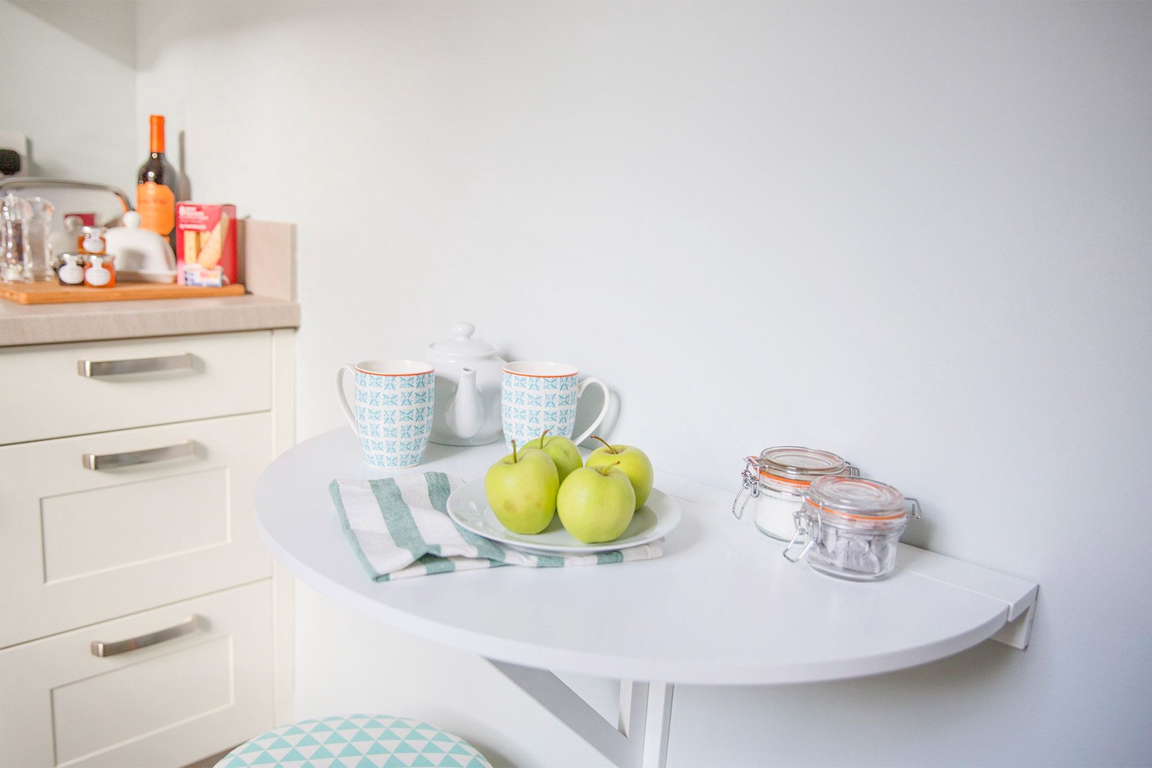 Small fold out table is perfect for quick breakfasts.