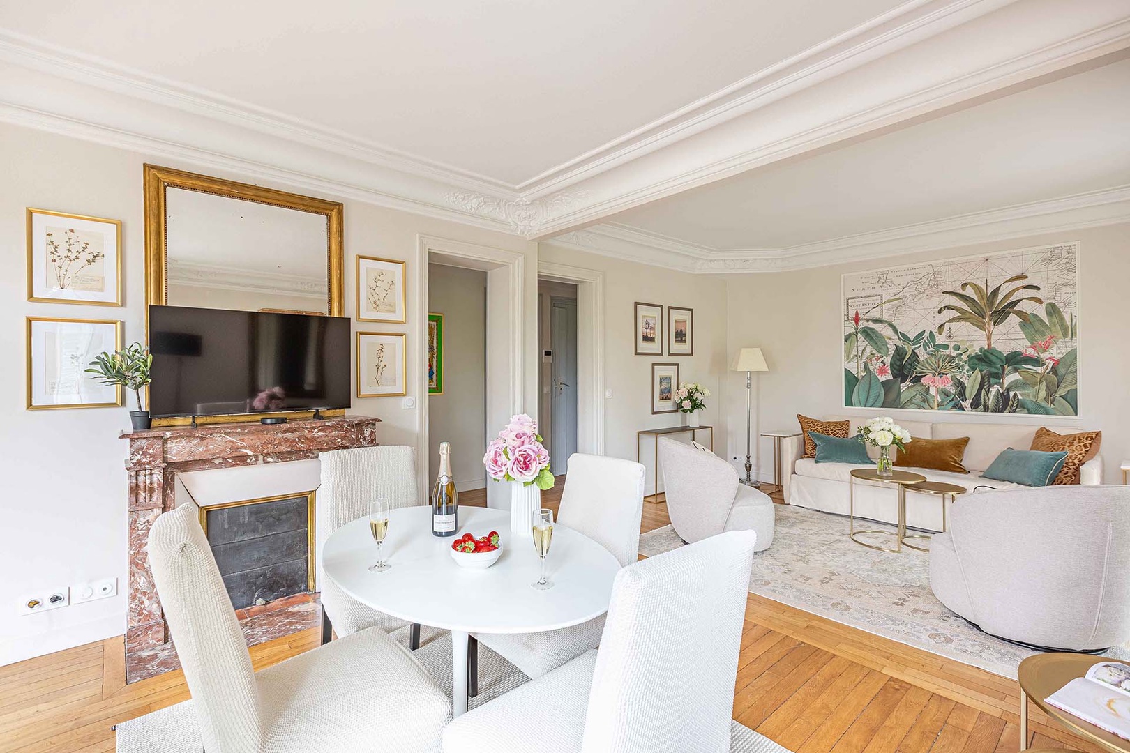Kitchen is located nearby through the doors.