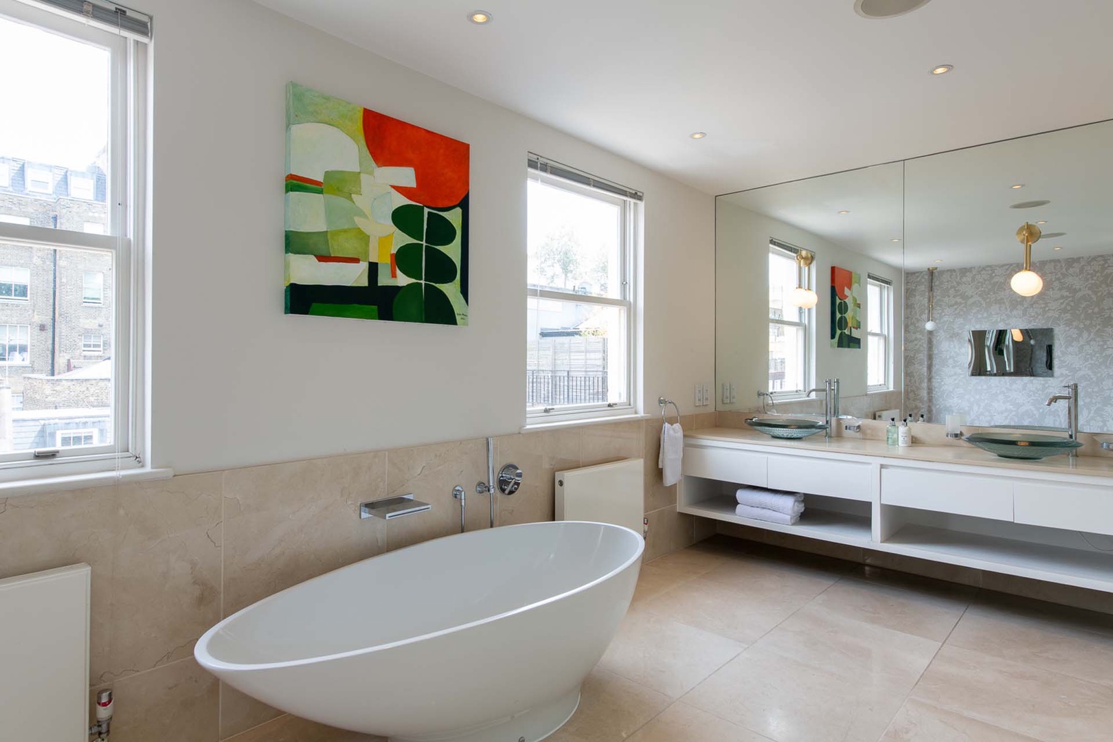 Freestanding bathtub is a luxurious treat.
