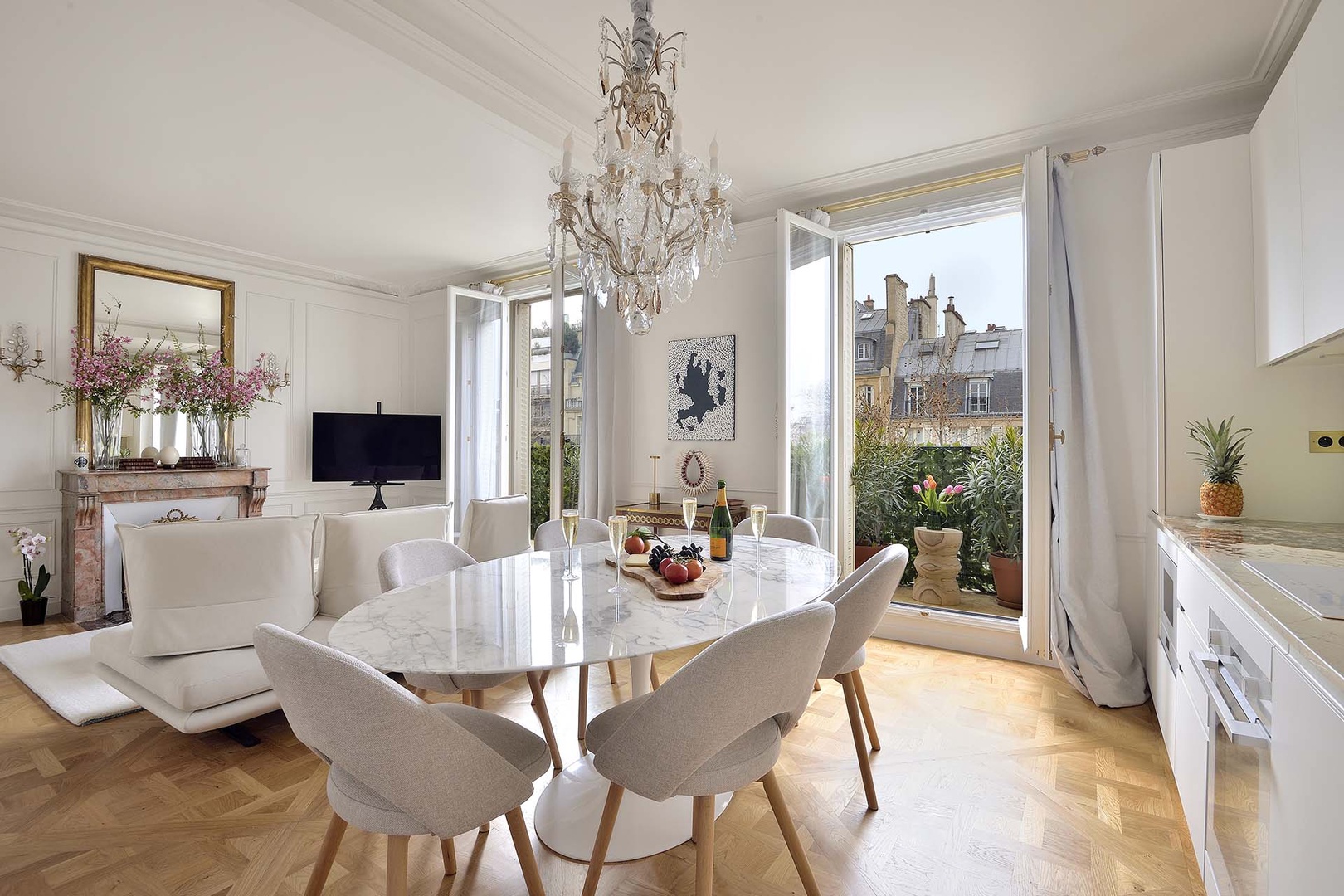 Designer decor combined with vintage chandeliers.