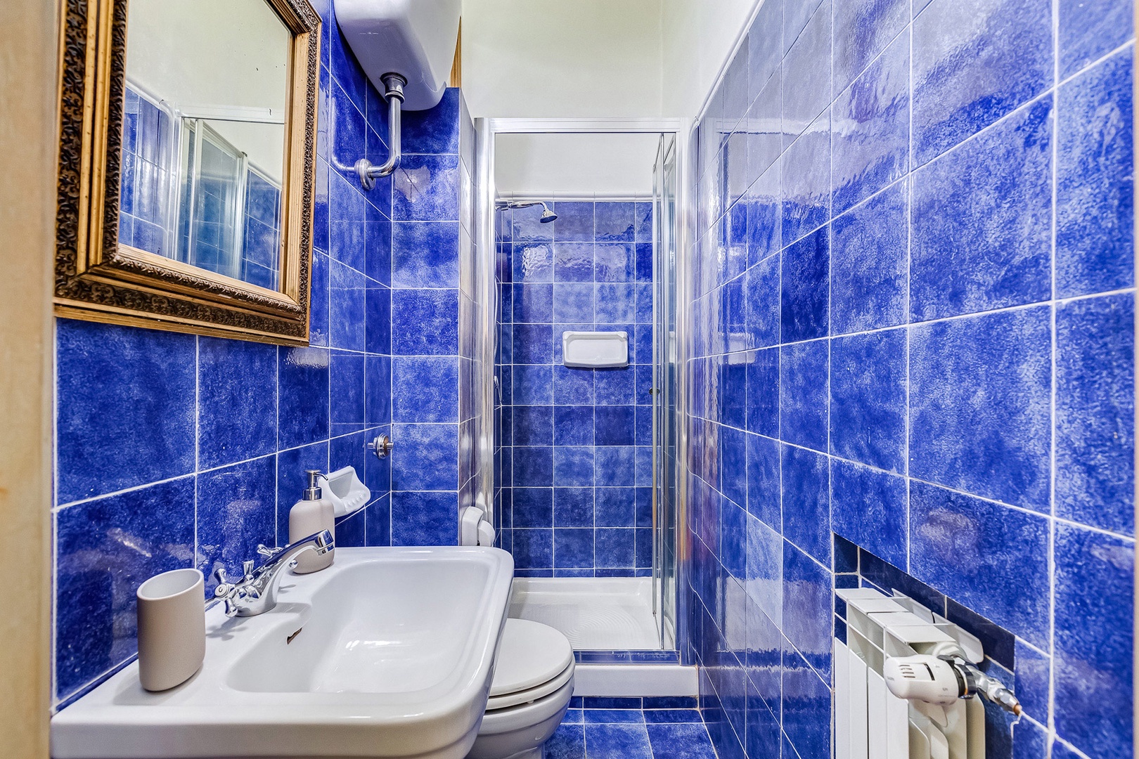 Bright blue and complete bathroom