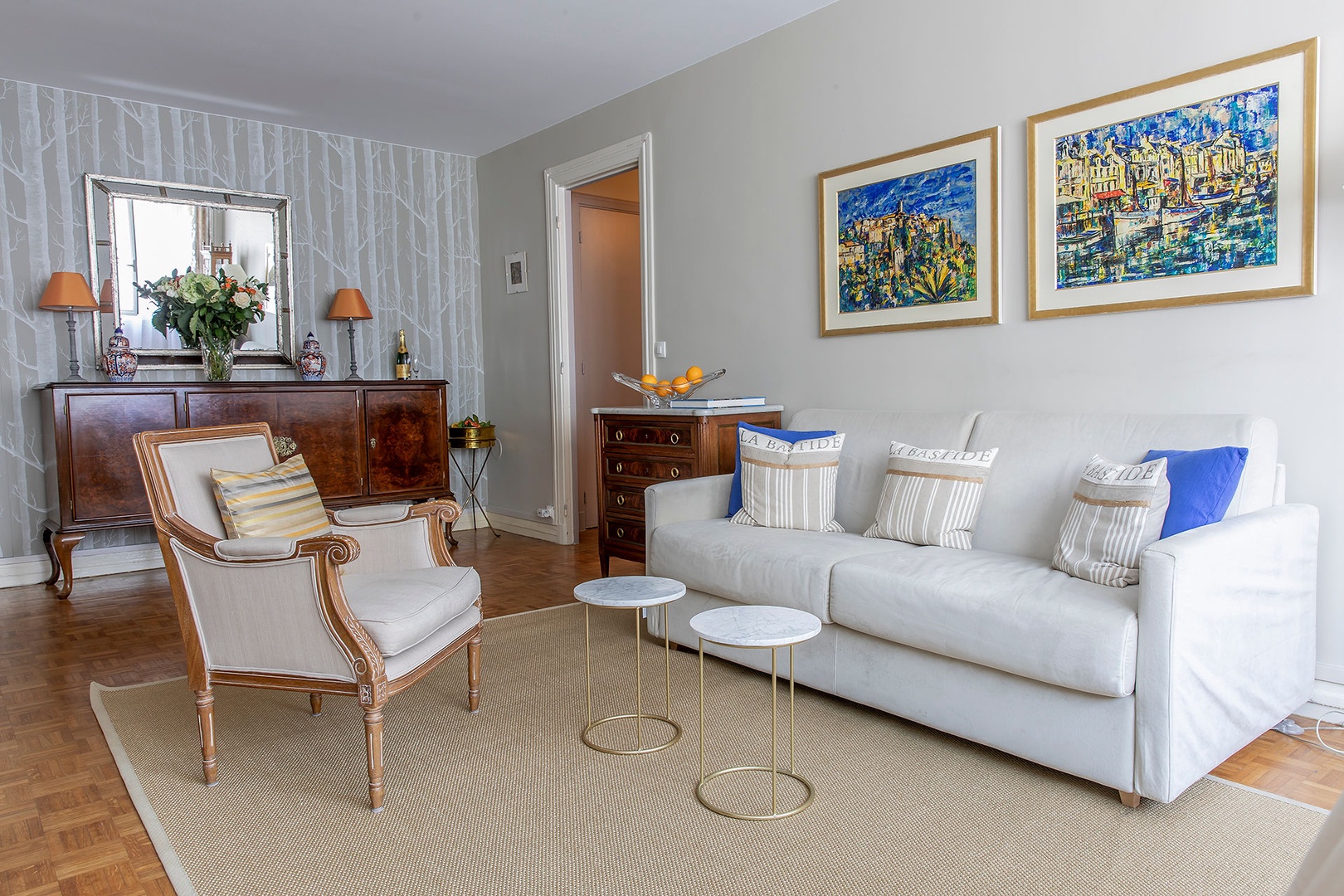 Comfortable living room with lovely antique decorative touches.