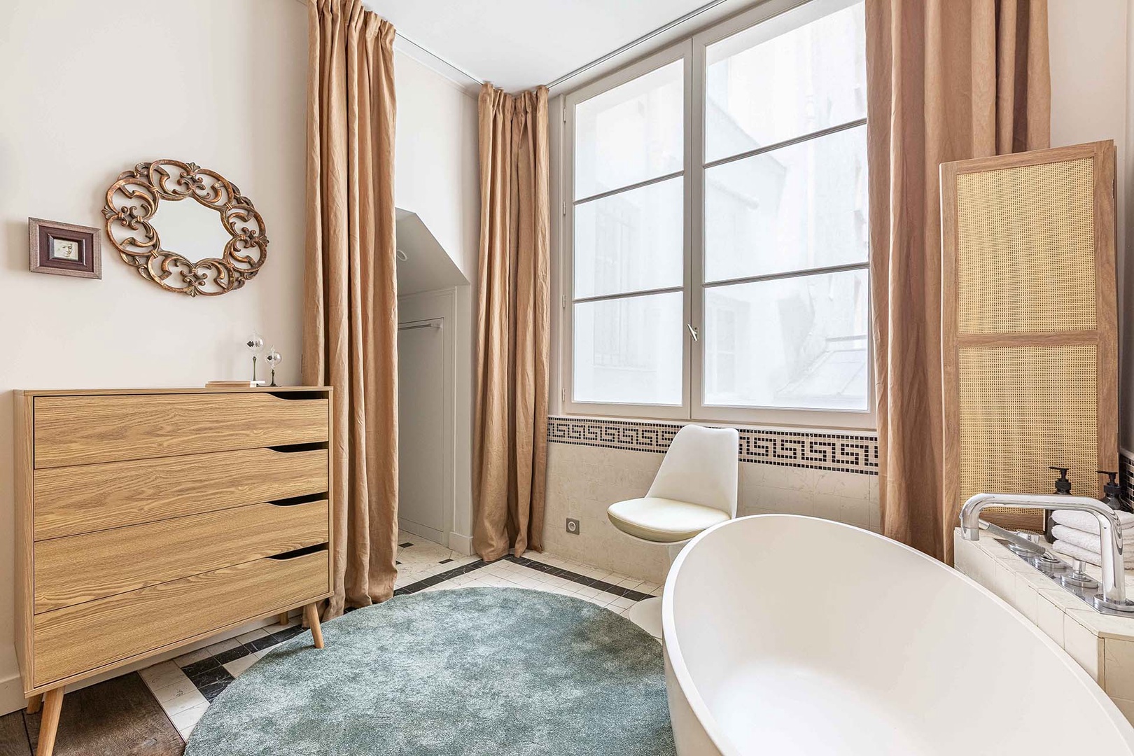 Entrance to bedroom is through bathroom.