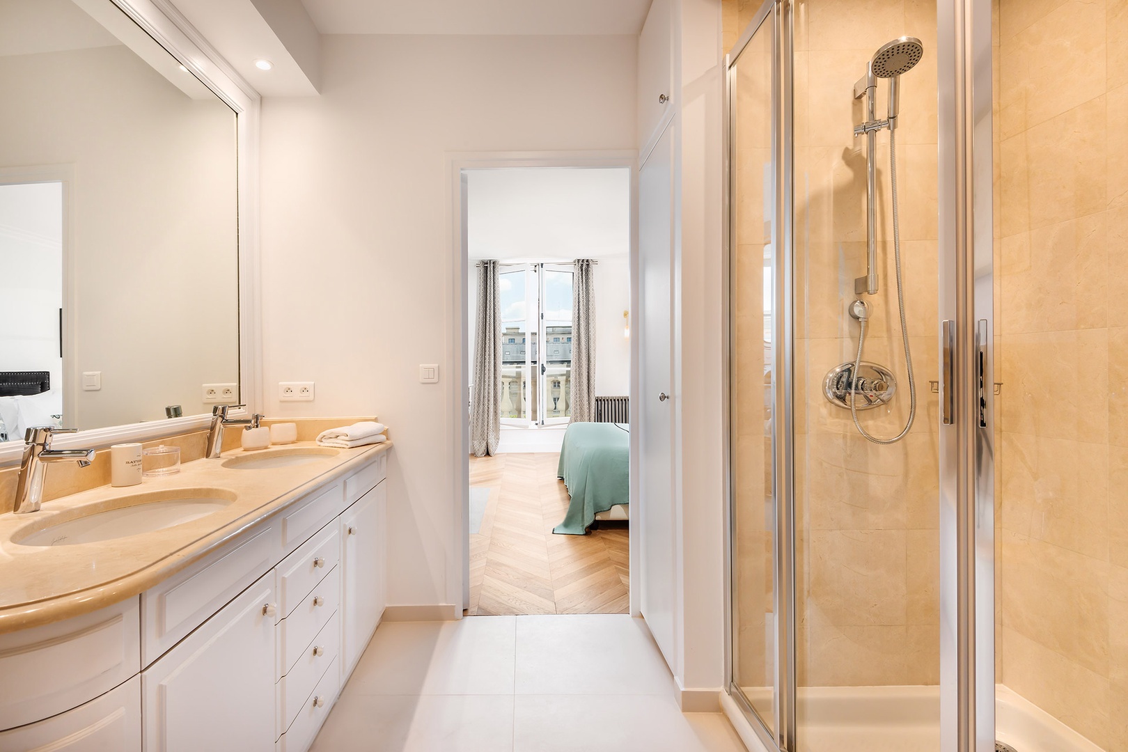 Start your day with an energizing shower in this sleek space.