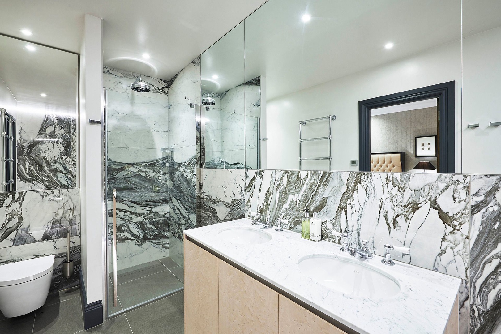 Shower and double-sink vanity