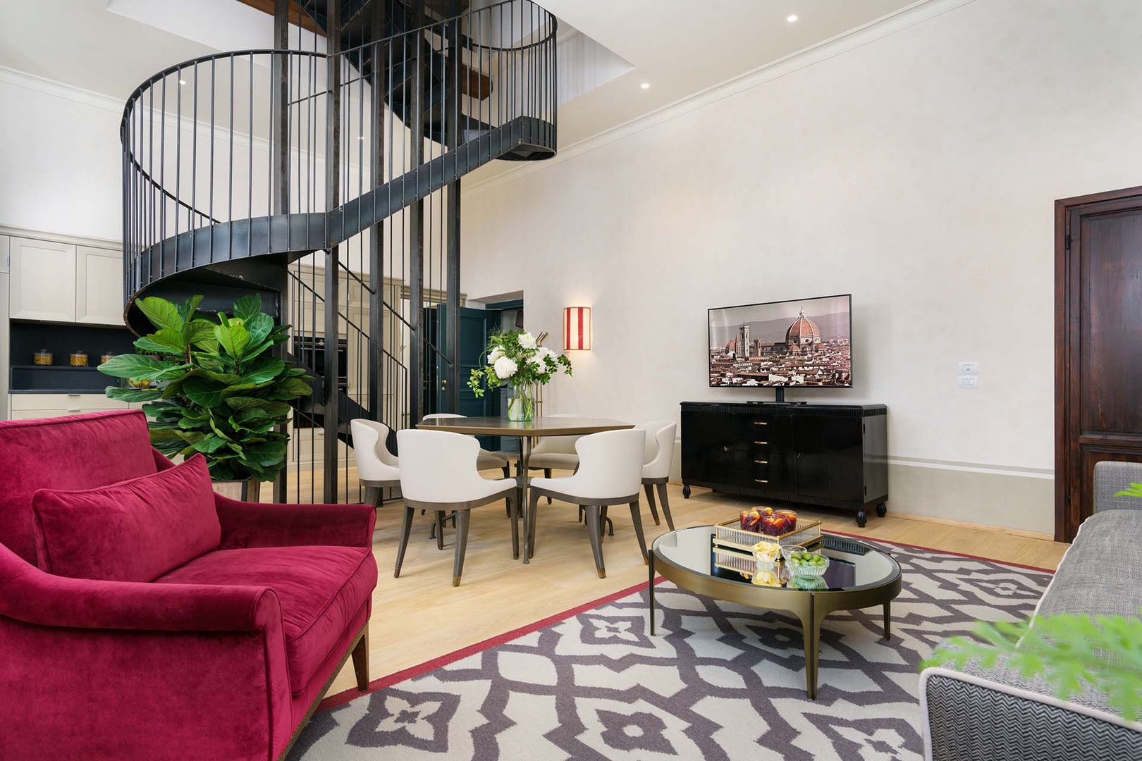 Stairs lead from living level up to bedroom level.