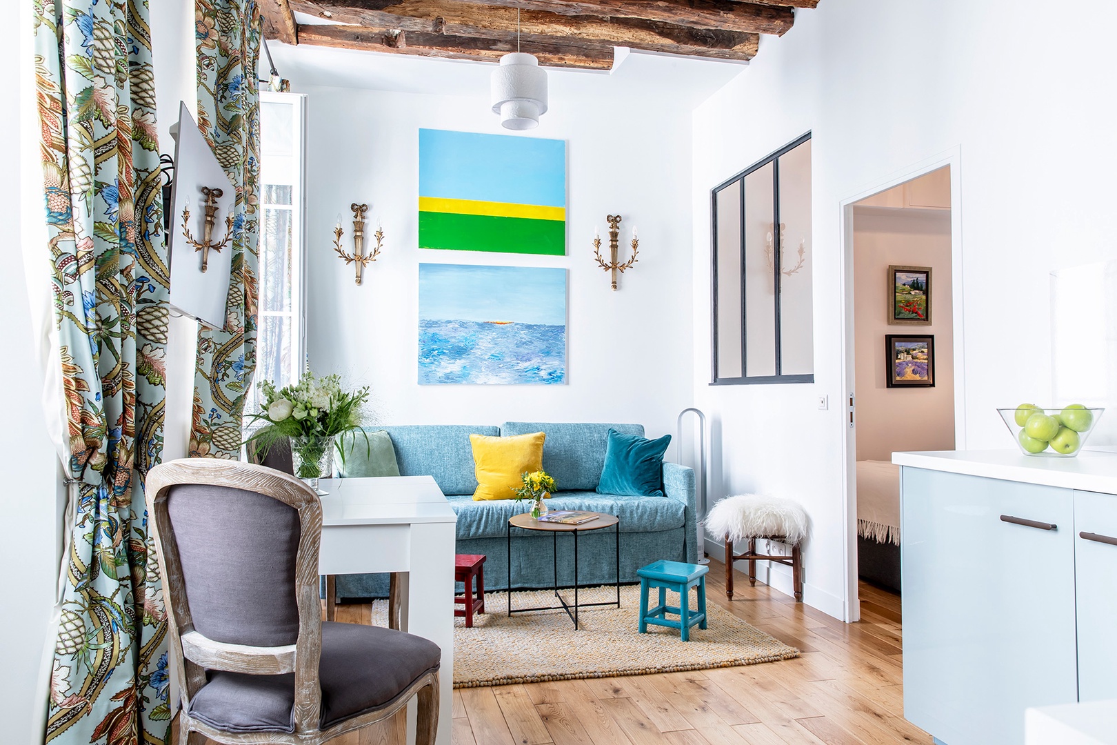 Beautiful wooden beams on the ceiling add a historic touch.