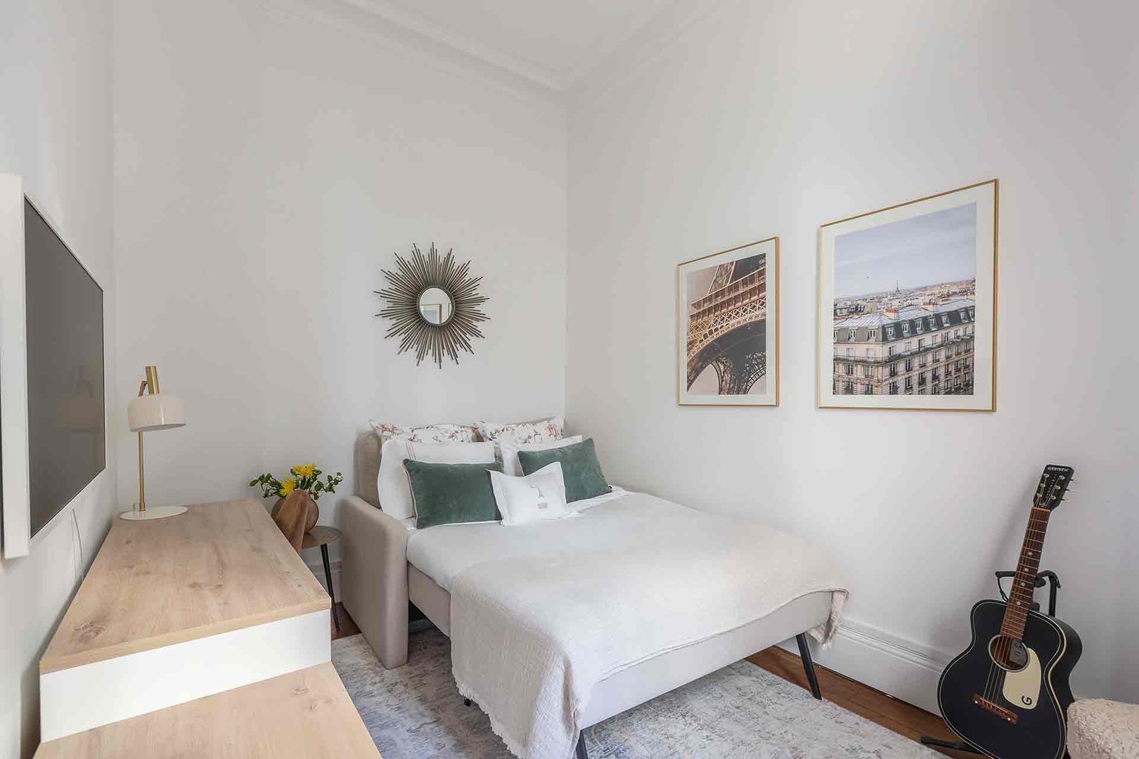 The study doubles as bedroom 2 with a sofa that converts to a bed.