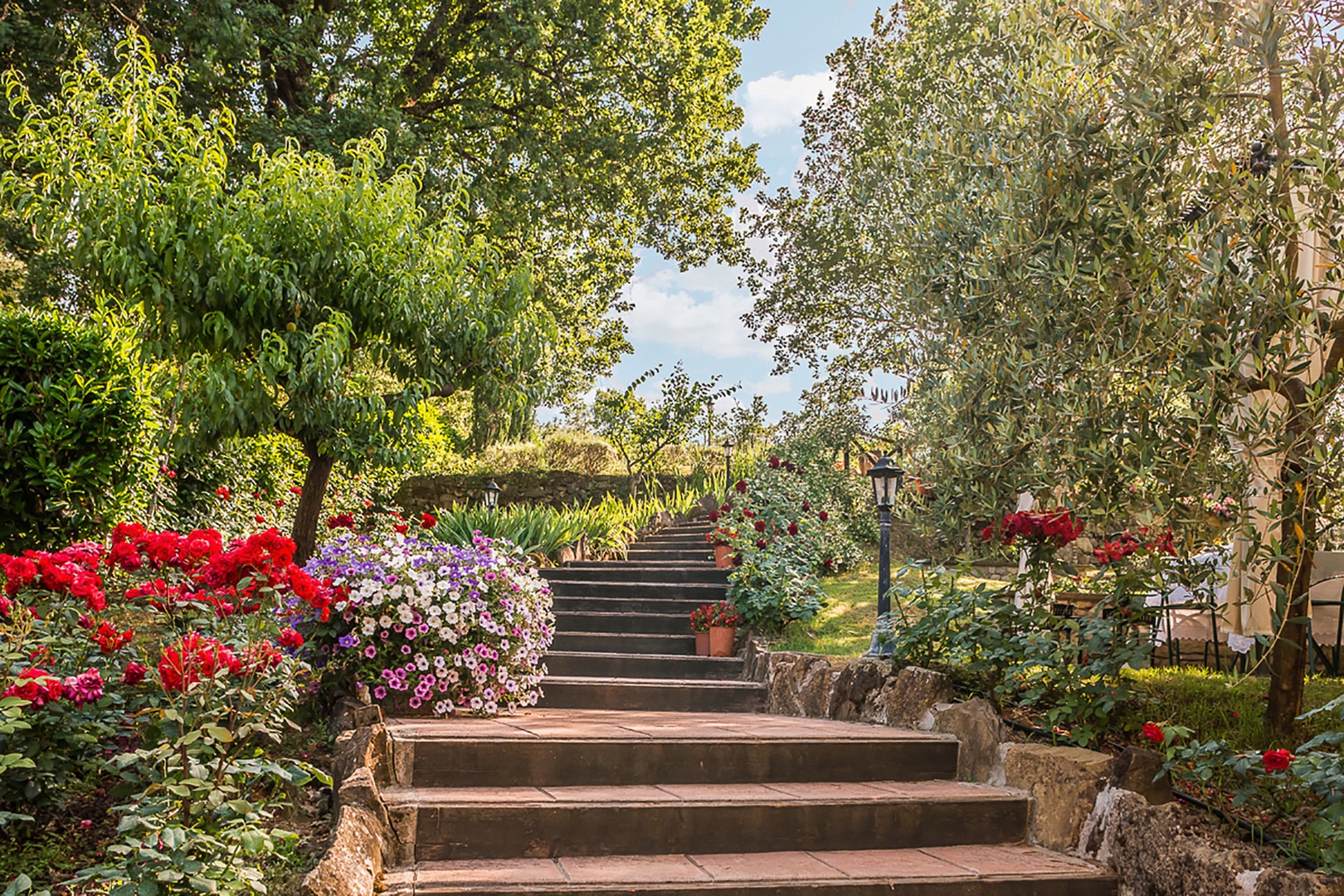 Landscaped steps to the pool area to the villa.