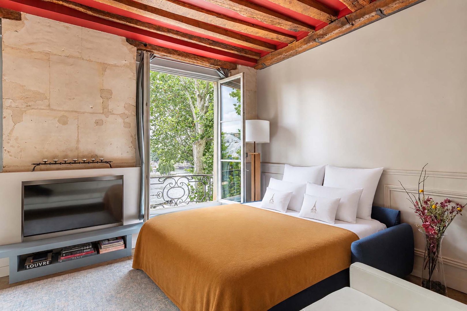 The sofa converts to an additional sleeping space.
