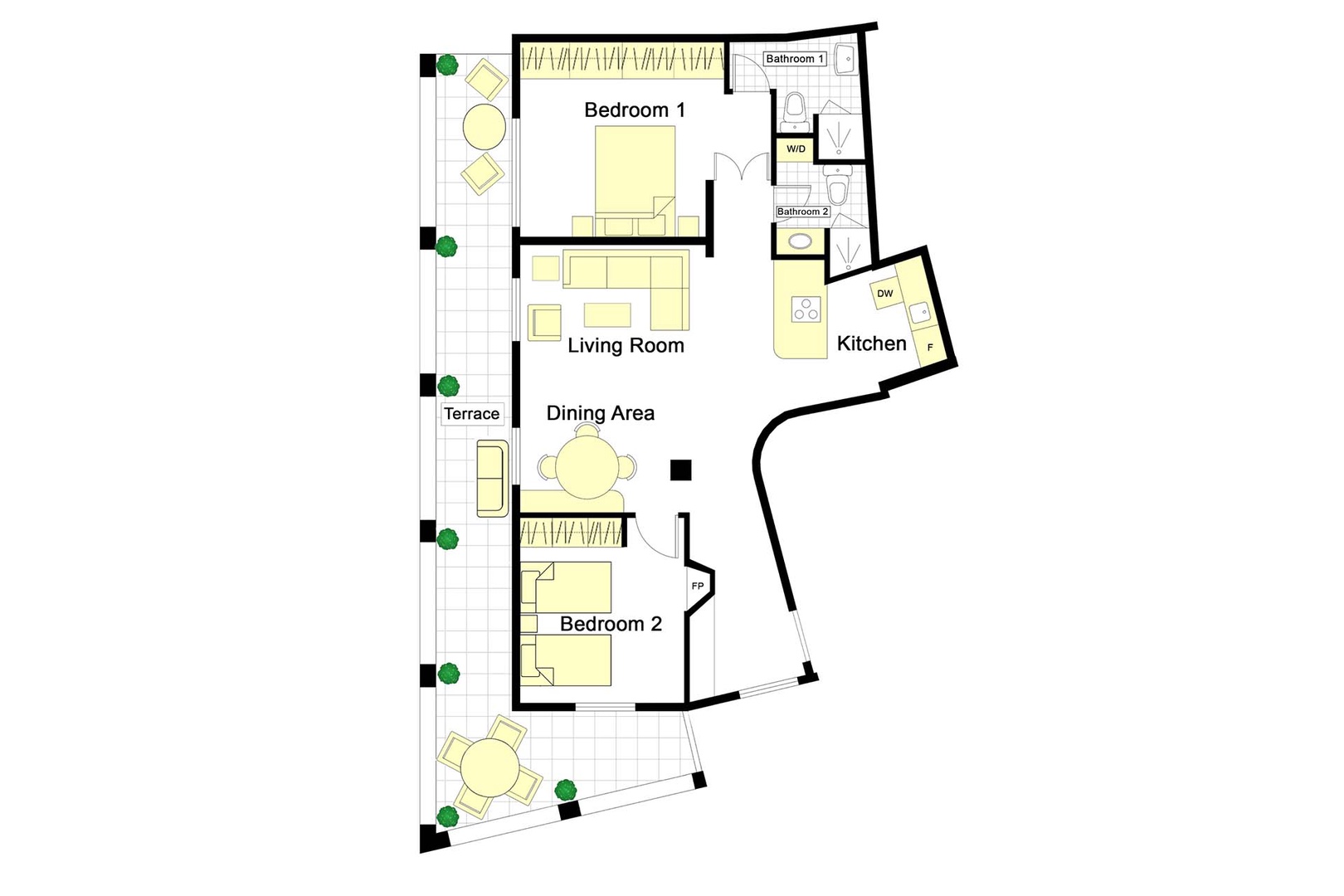 Floor plan showing spacious two-bedroom layout with terrace, full kitchen, and two bathrooms for comfortable stays.