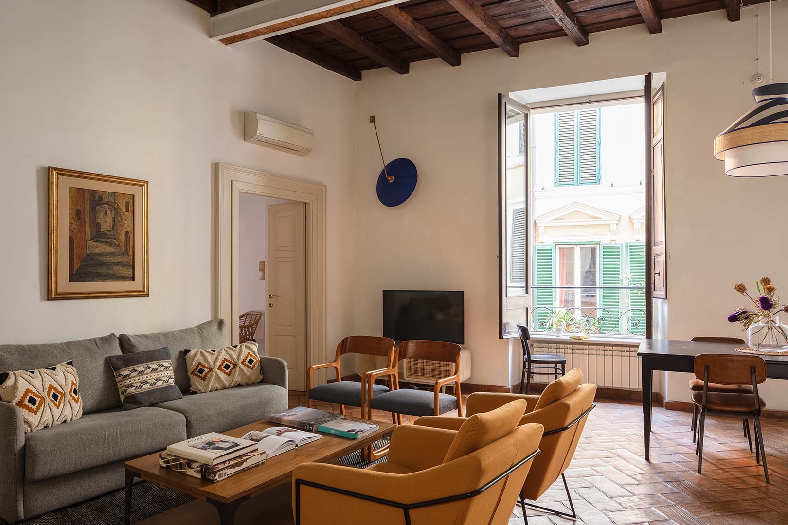 Wood beamed ceilings reflect the historic setting.