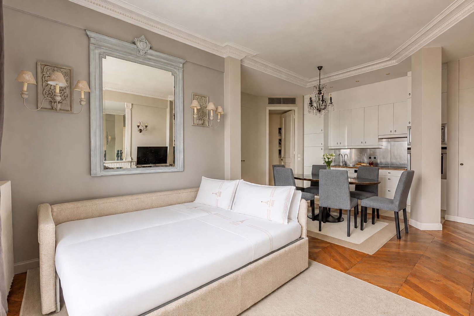 The living room converts into a third sleeping area.