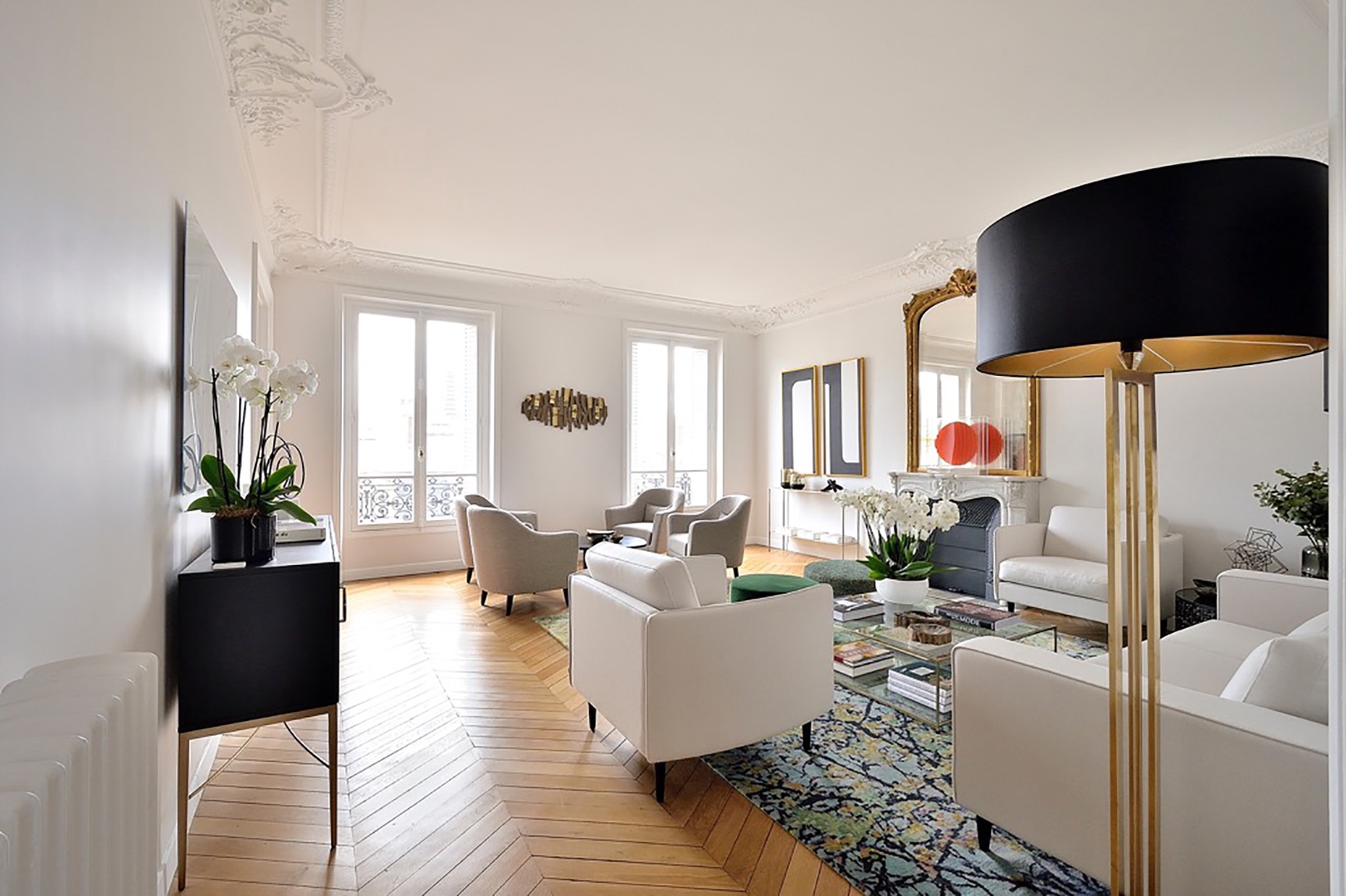 Step into the grand living room with an Eiffel Tower view.