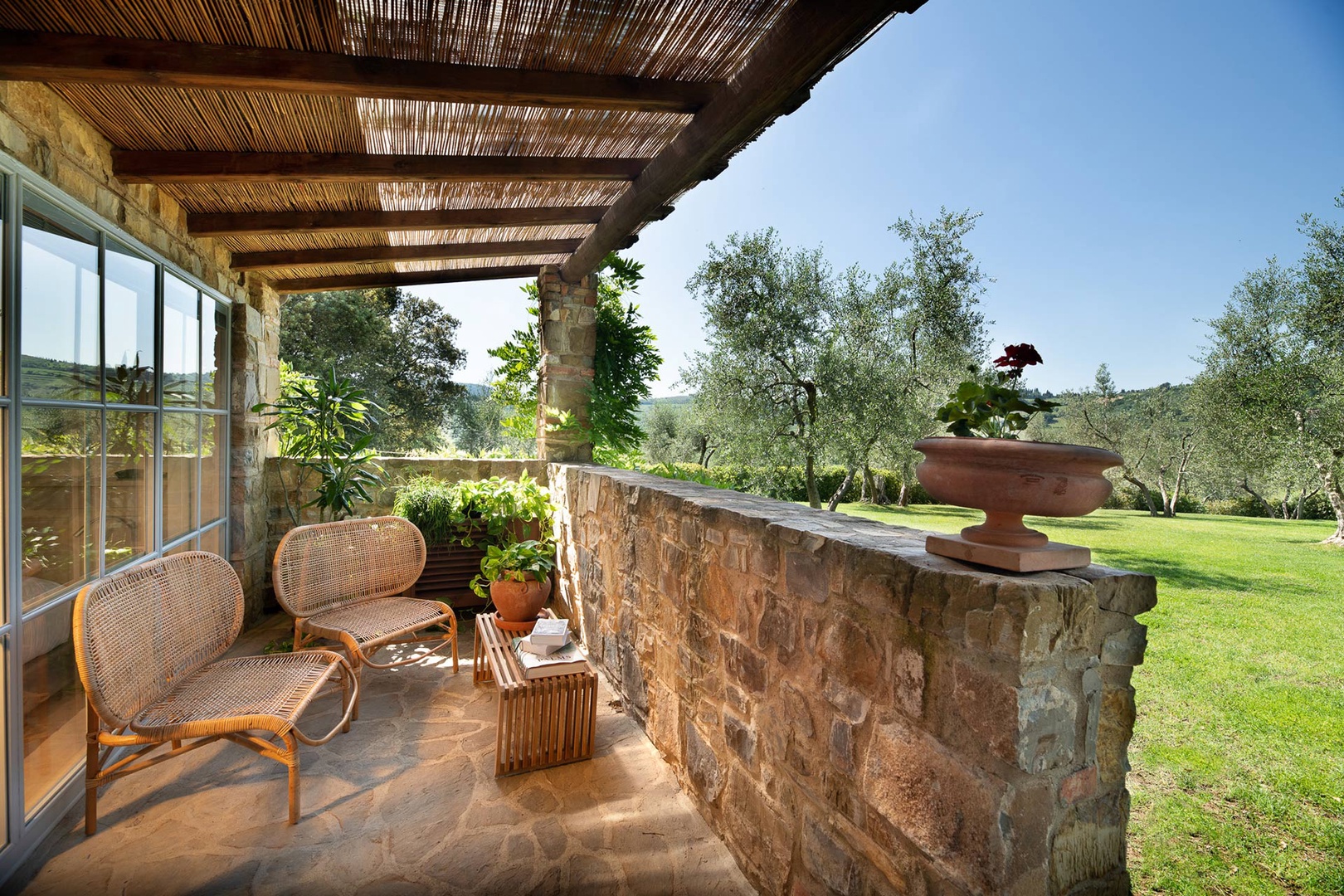 Secluded patio surrounded by prickly pear bushes.