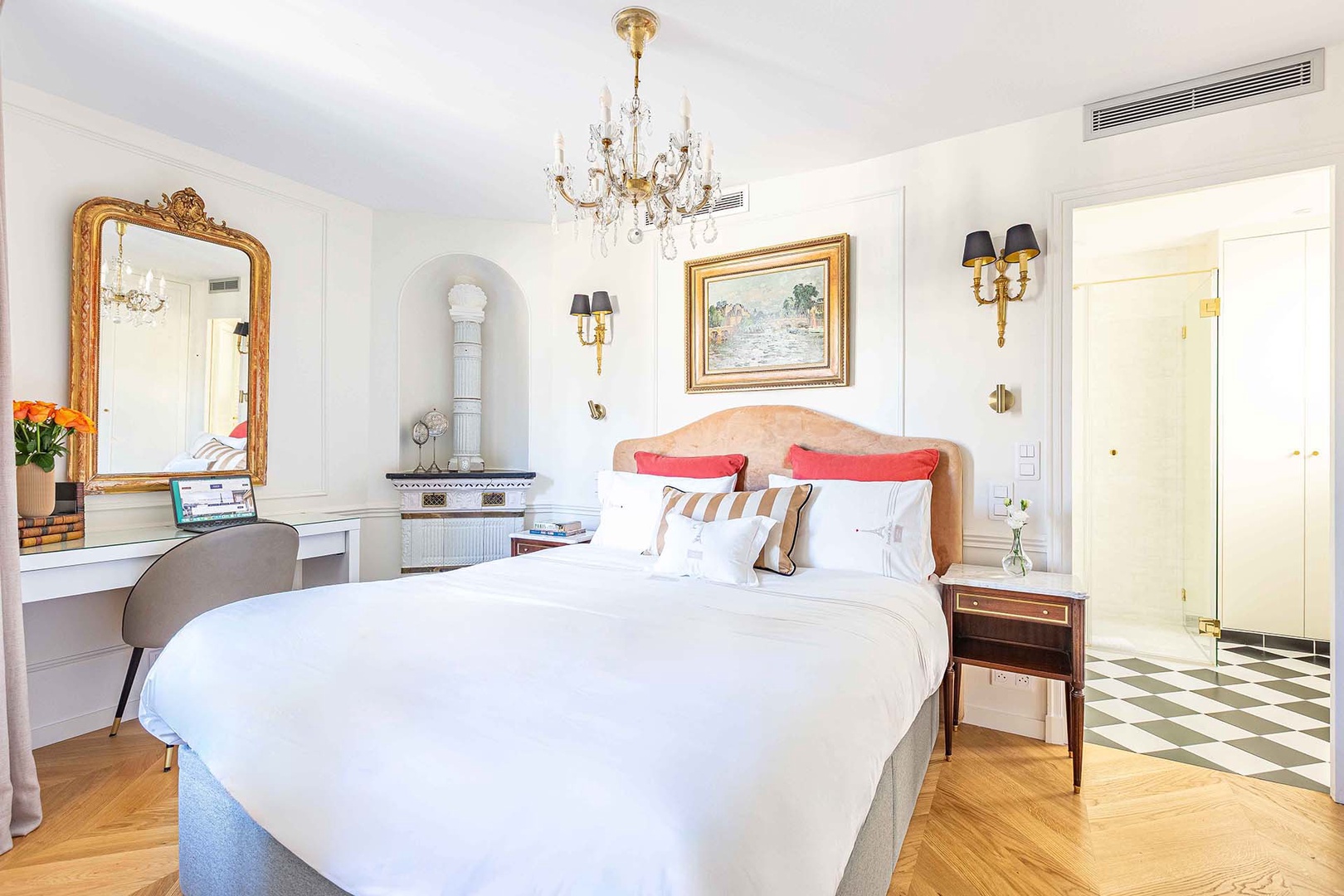 Original architectural details like the ceramic stove were preserved.