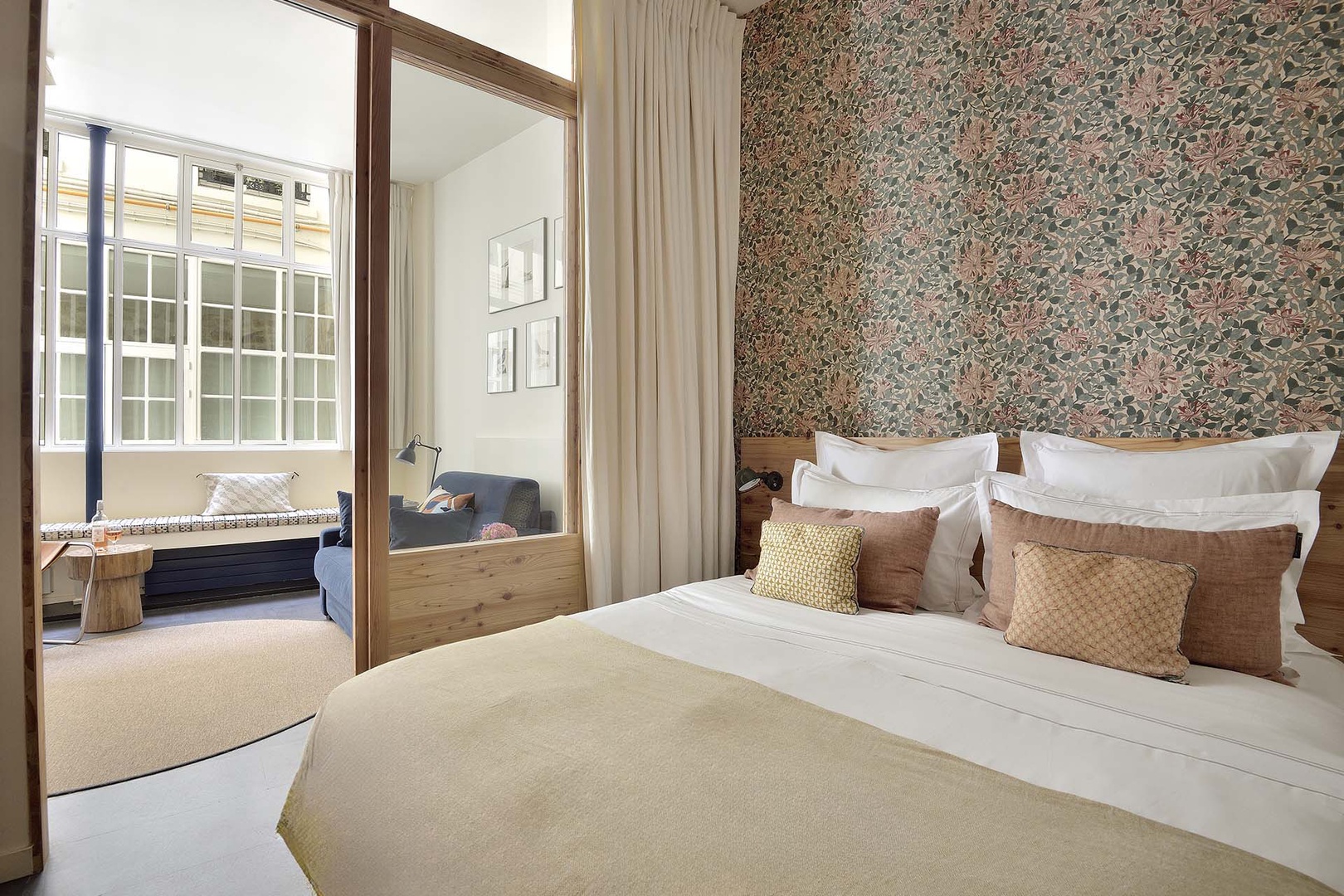 Comfortable bedroom is bright and inviting.