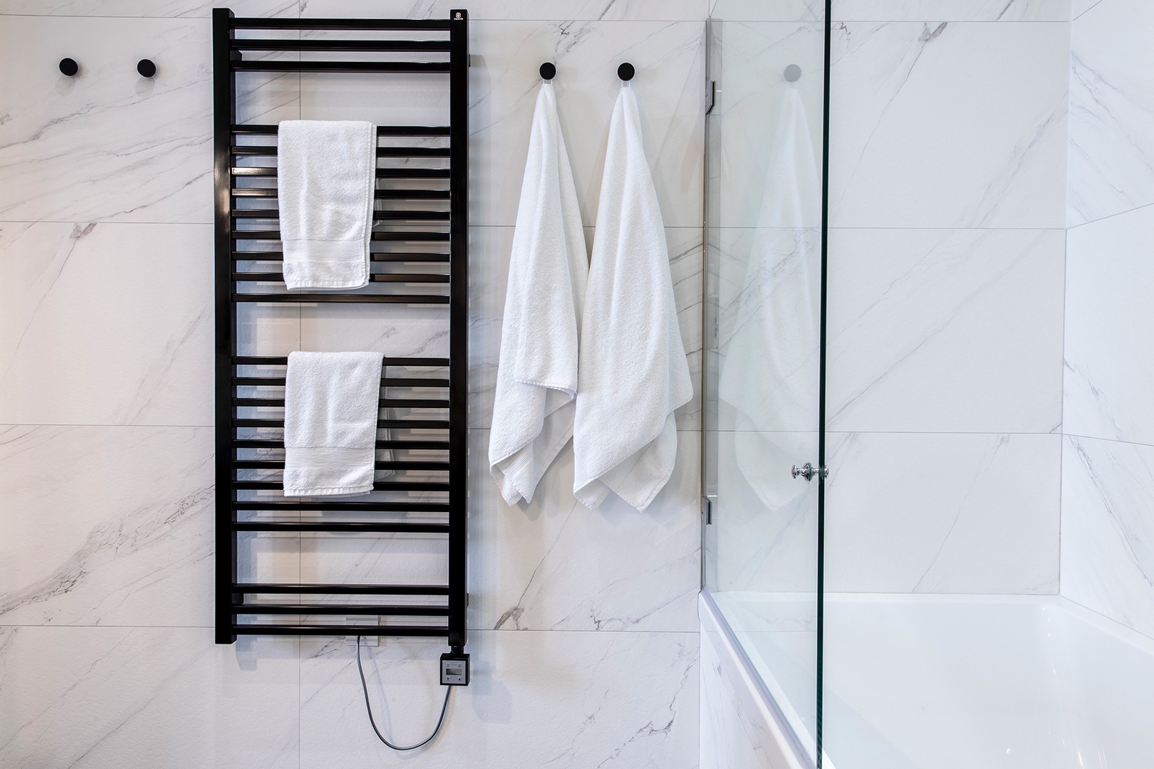 Heated towel rack in the bathroom.