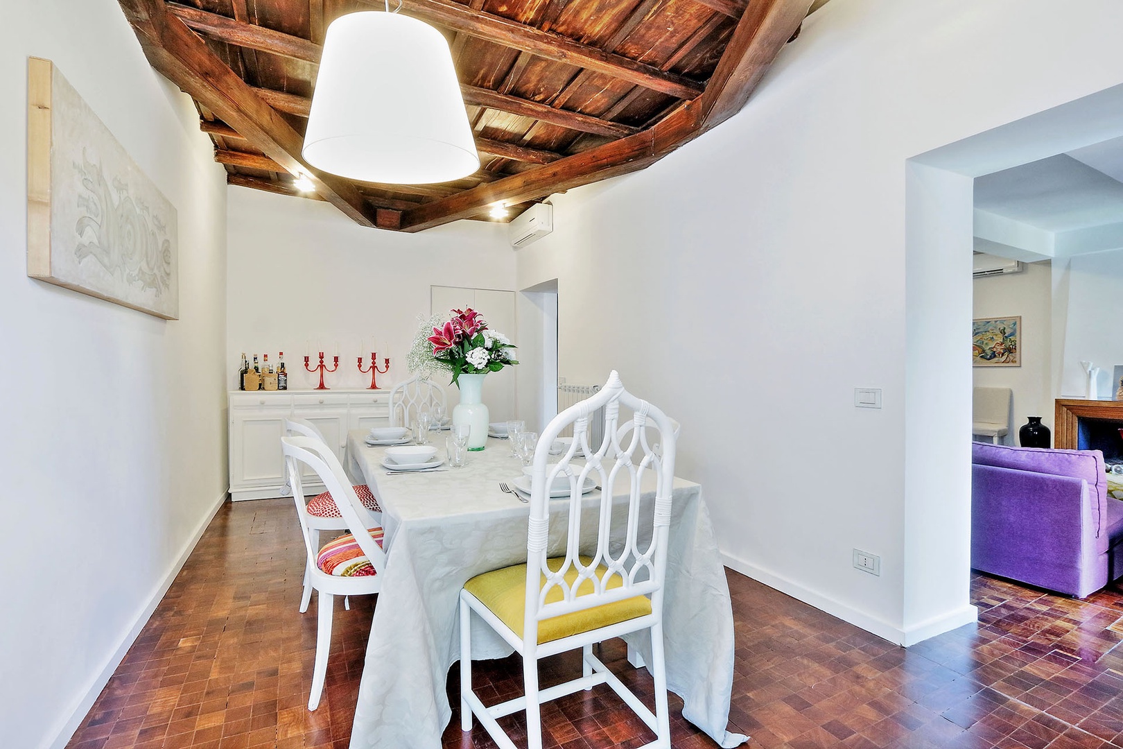 Beautiful open beamed ceiling in dining room.