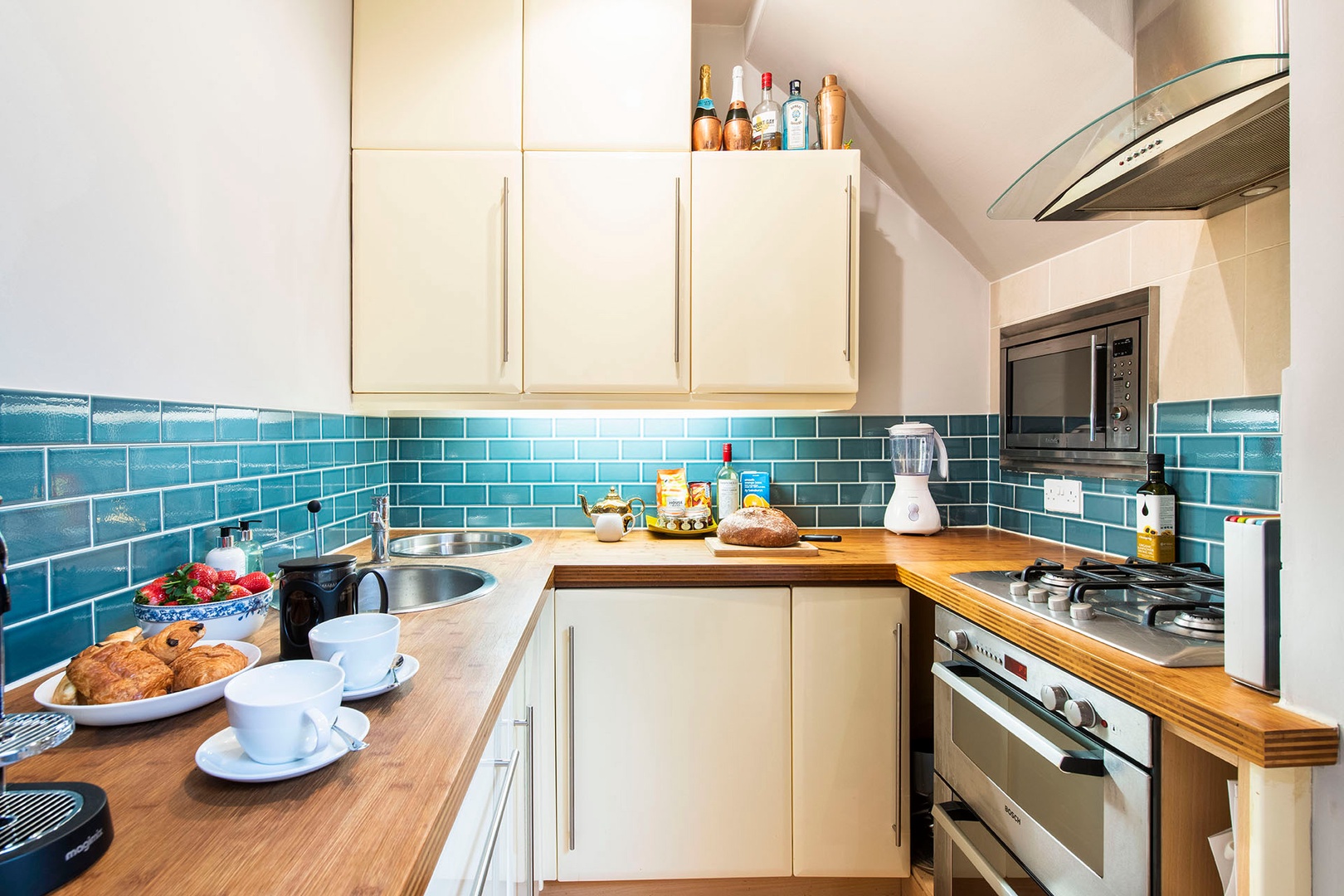 Cheerful kitchen is fully equipped.