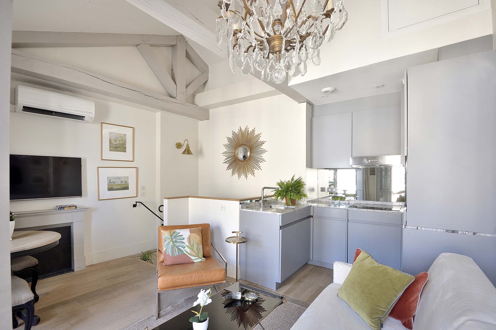 The kitchen features modern appliances for your comfort.