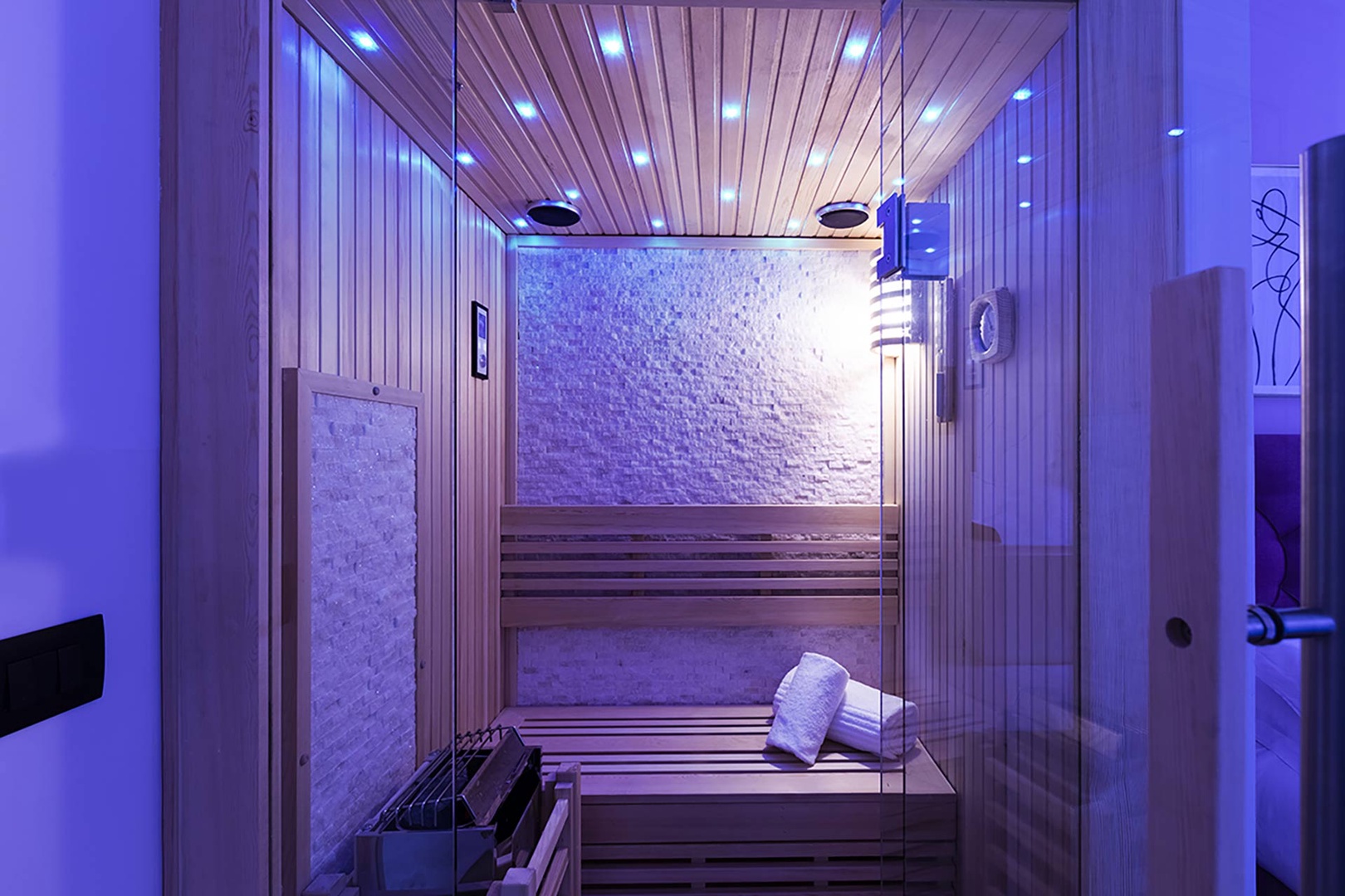 Enjoy a spa like experience in bedroom 1 with a built in sauna and dual jaccuzi tub.
