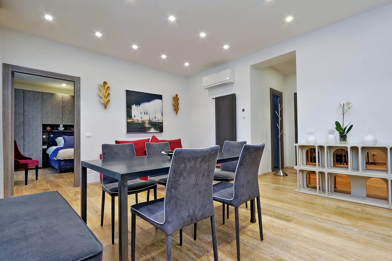 Dining table seats up to six people.