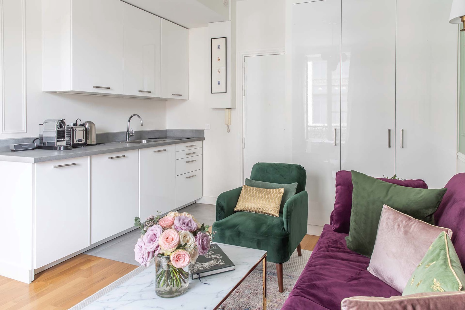 View towards the kitchen, entry and large closets in the living area