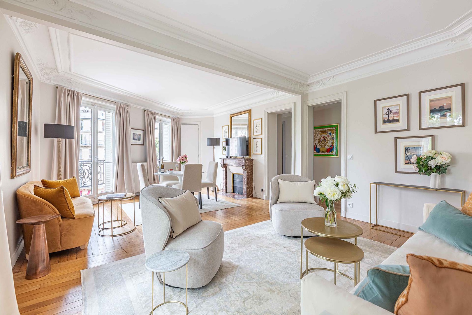 Open plan living and dining area is full of light.