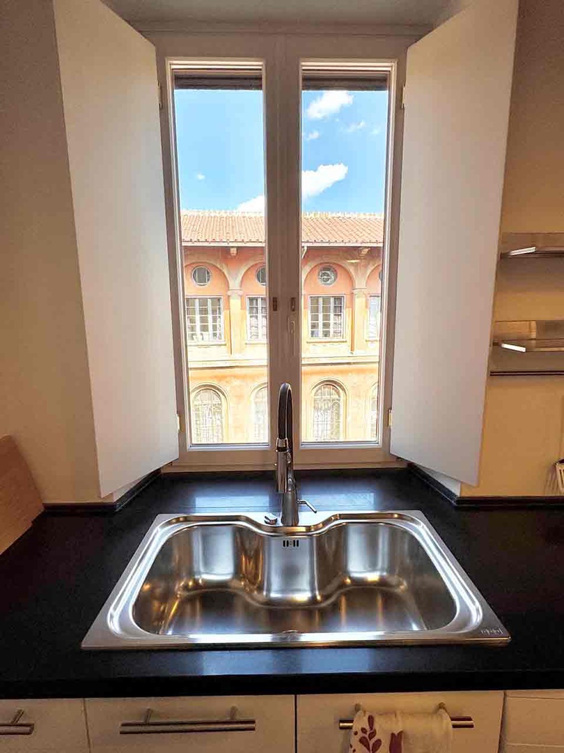 Nice view of the attractive buildings the area from the large kitchen window over the sink.