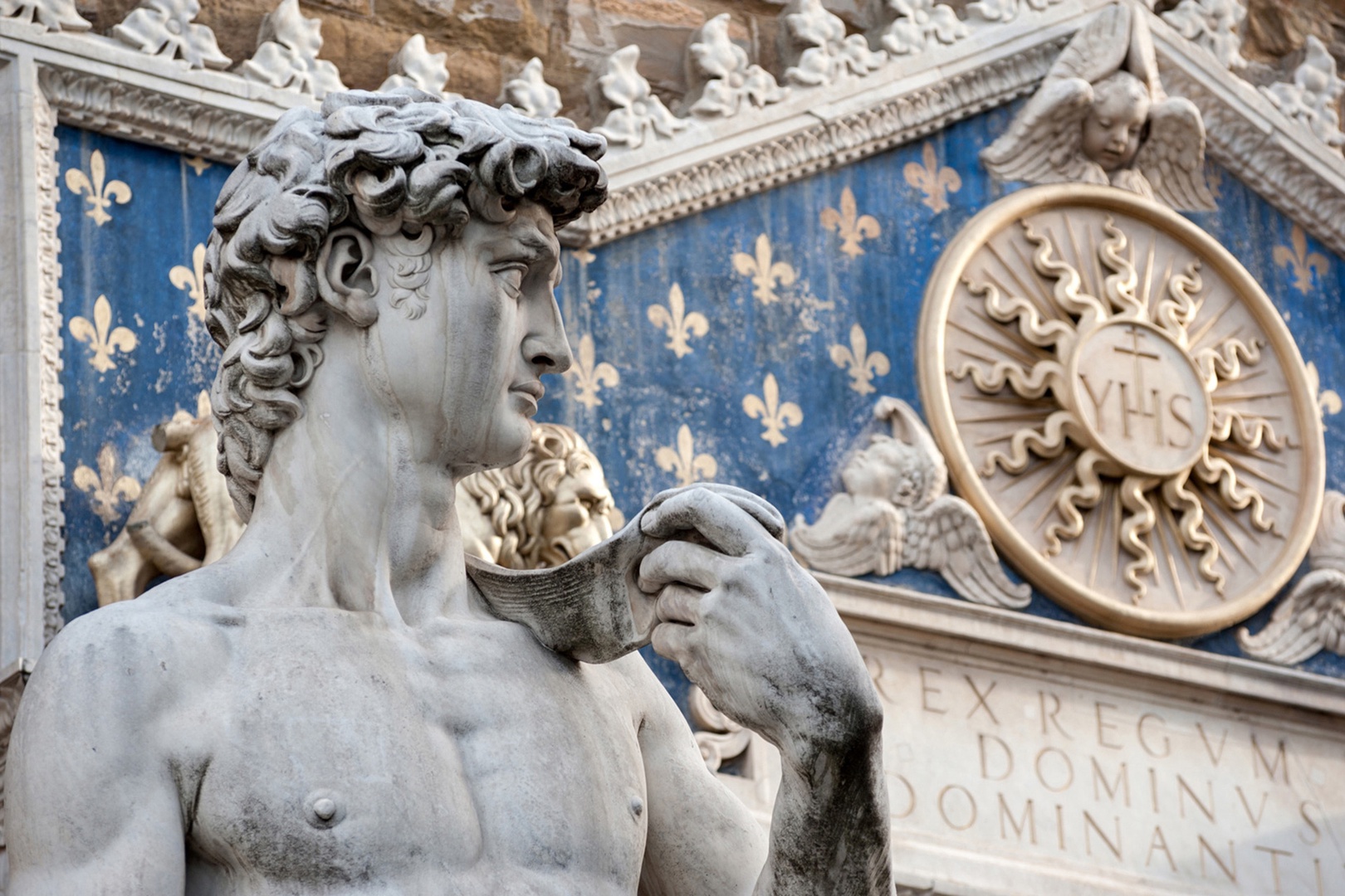 Michelangelo's David reigns over Piazza della Signoria. This copy asserts Florence as the _little guy_ standing up to the giant France.