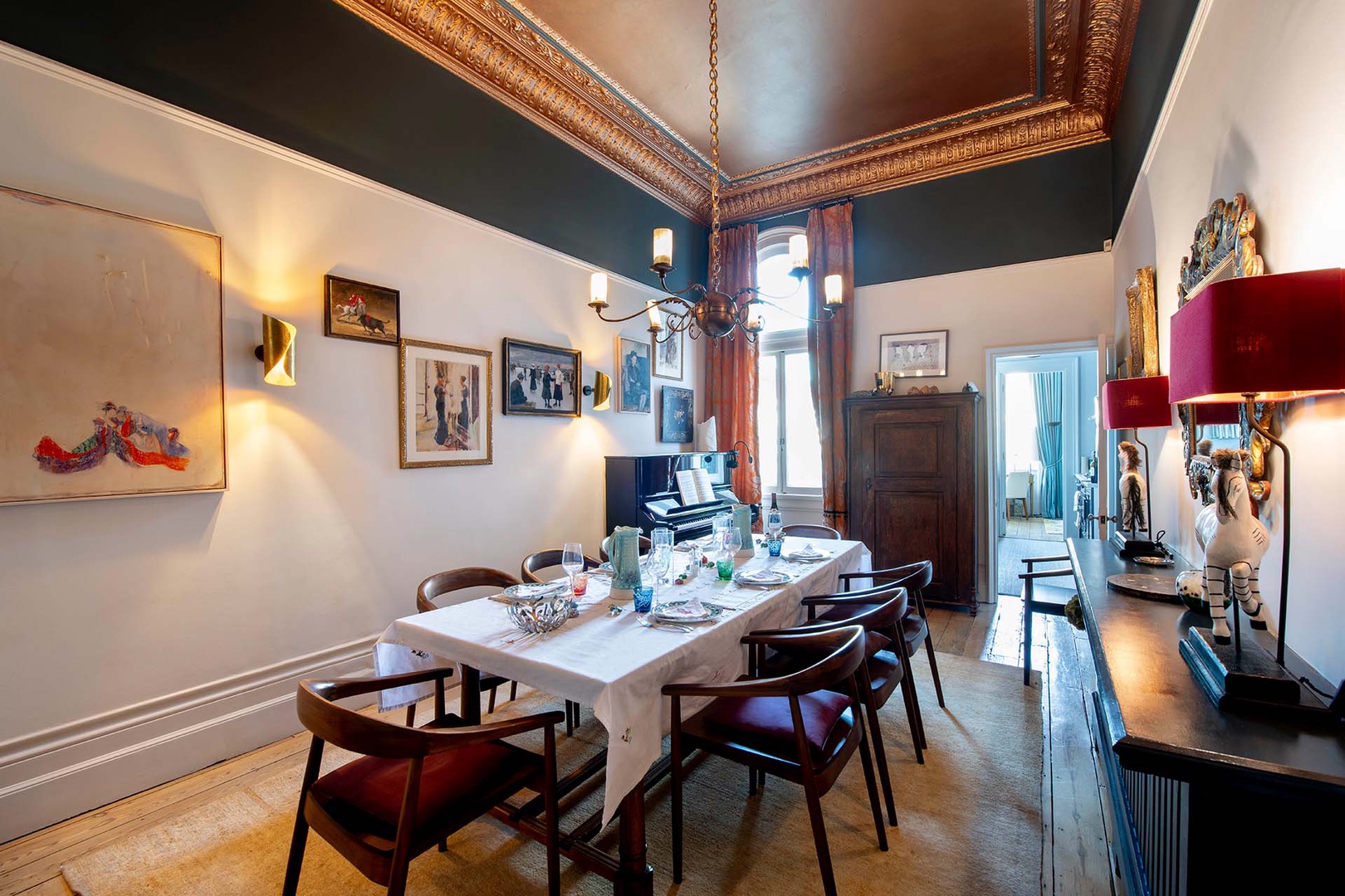 High ceilings and beautiful details in the dining room.