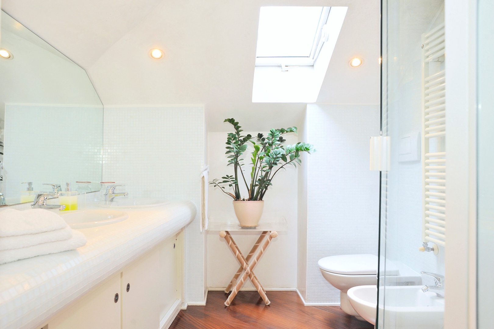 The compact bathroom with a double sink and a skylight that brightens.