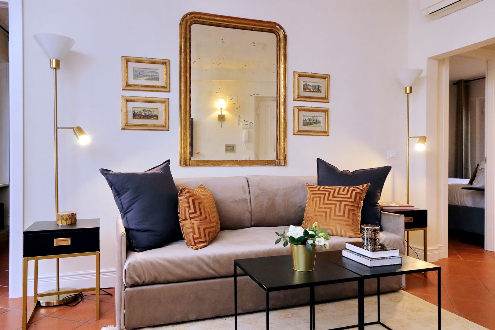 The comfortable sofa converts into a bed for extra sleeping space.