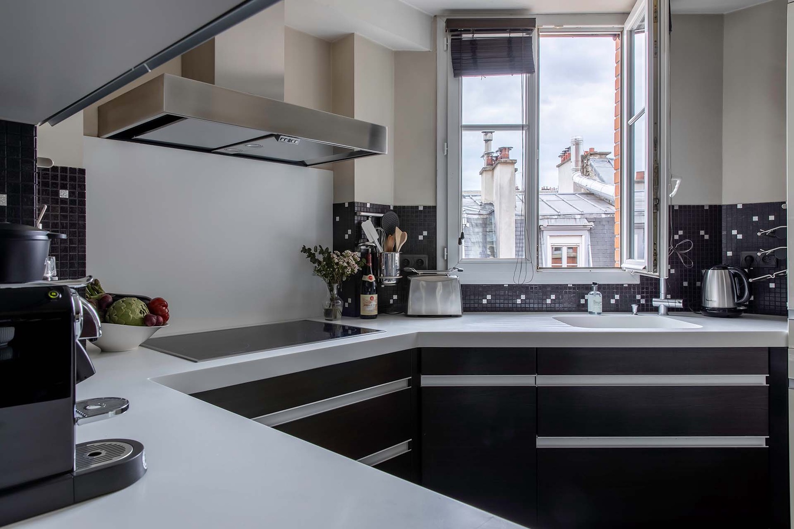 Well-equipped kitchen with classic Parisian rooftop view.