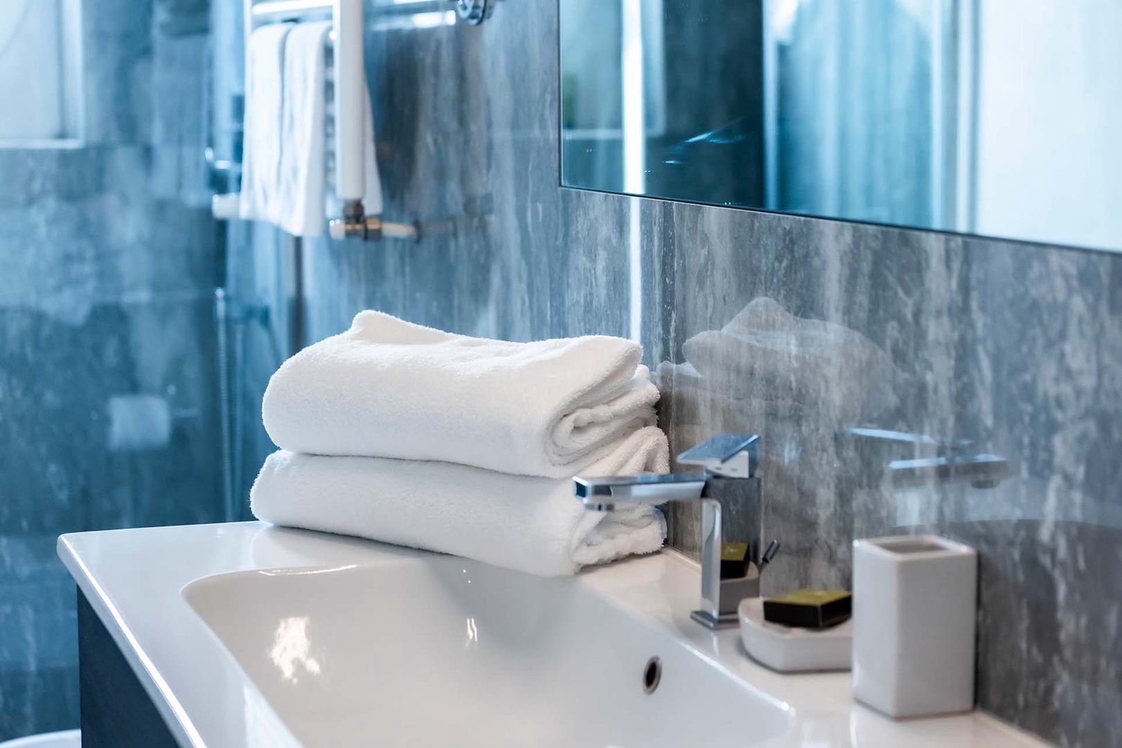 Find plenty of storage below the bathroom sink.