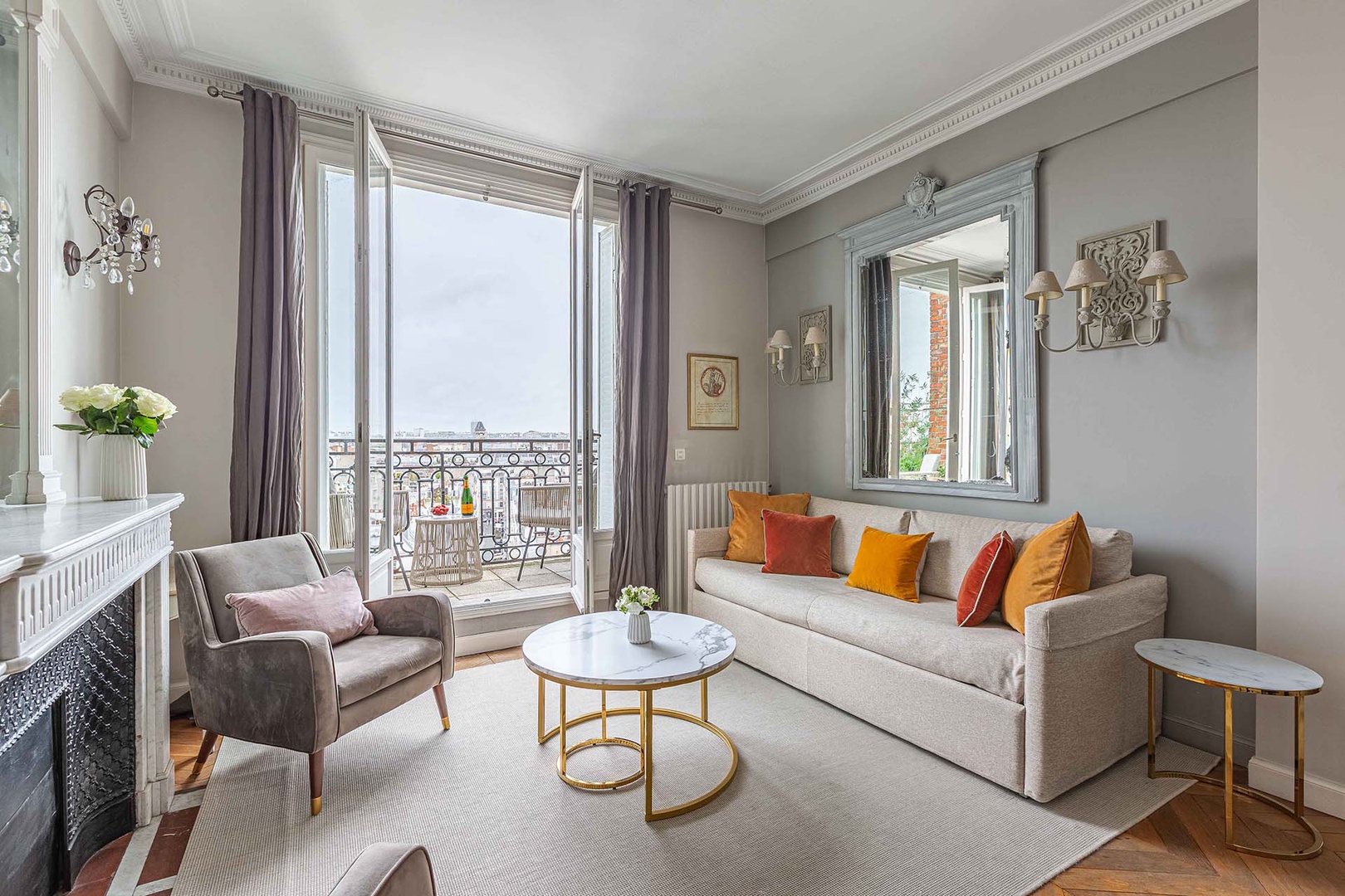 Elegant living room opening to a south-facing balcony.