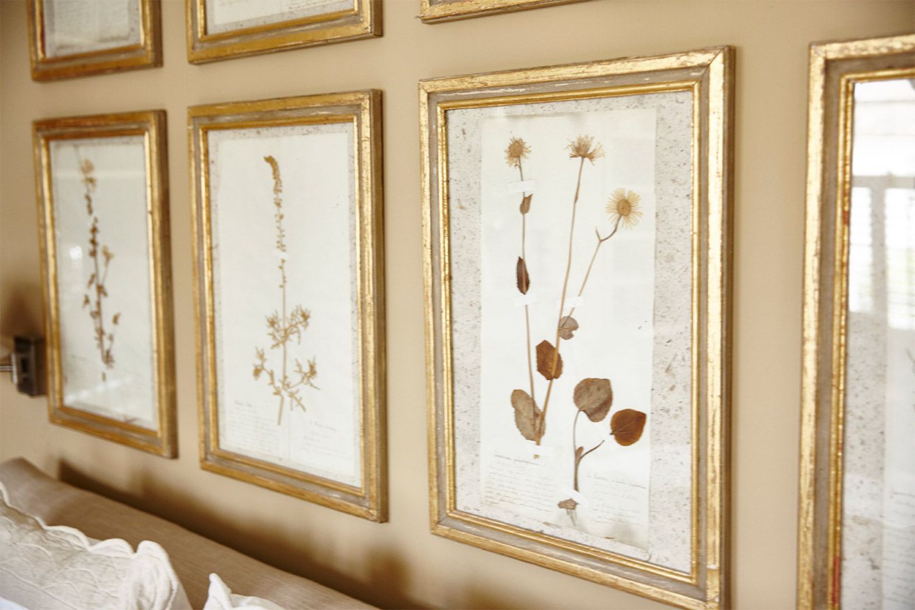 Framed pressed flowers above the bed